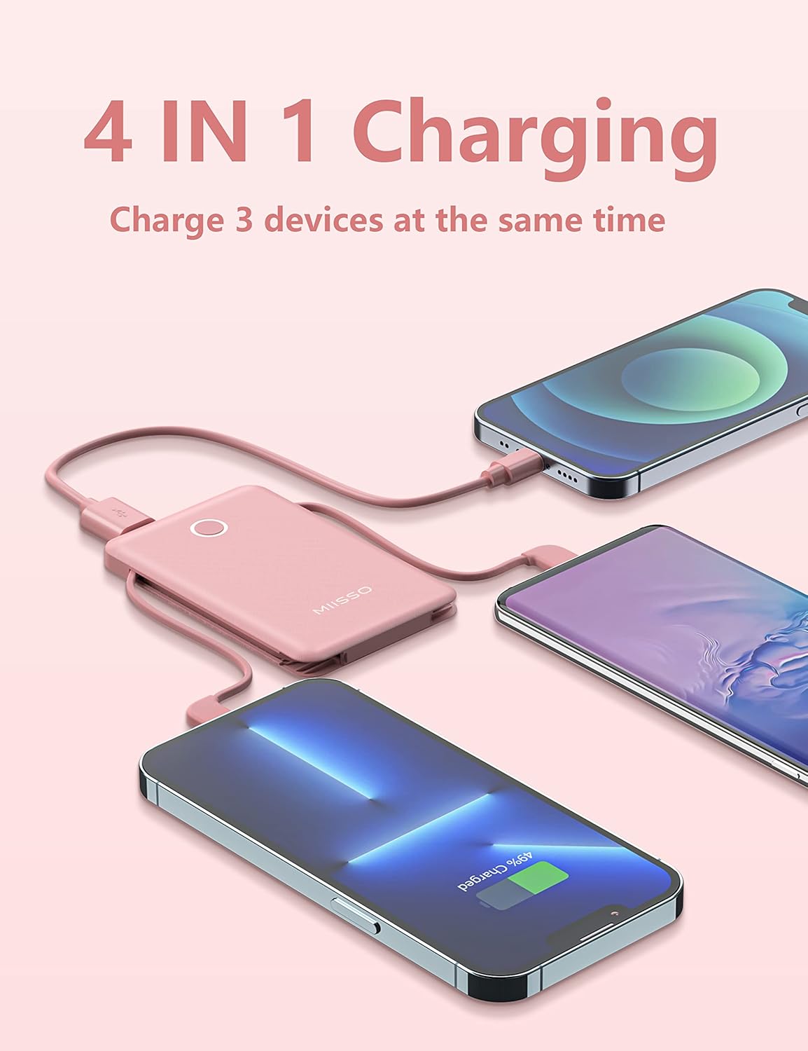 Paquete de 2 cables integrados ultradelgados de 6000 mAh, batería externa de 3 salidas, compatible con iPhone, color negro y rosa