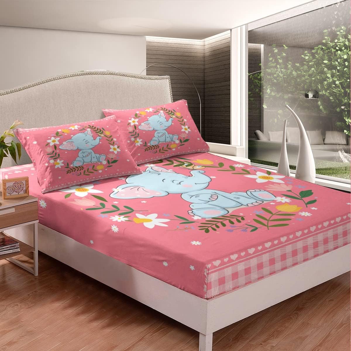 Erosebridal Juego de sábanas tamaño individual de elefante con diseño de animales del bosque para niñas y niños, juego de sábanas florales rosas y