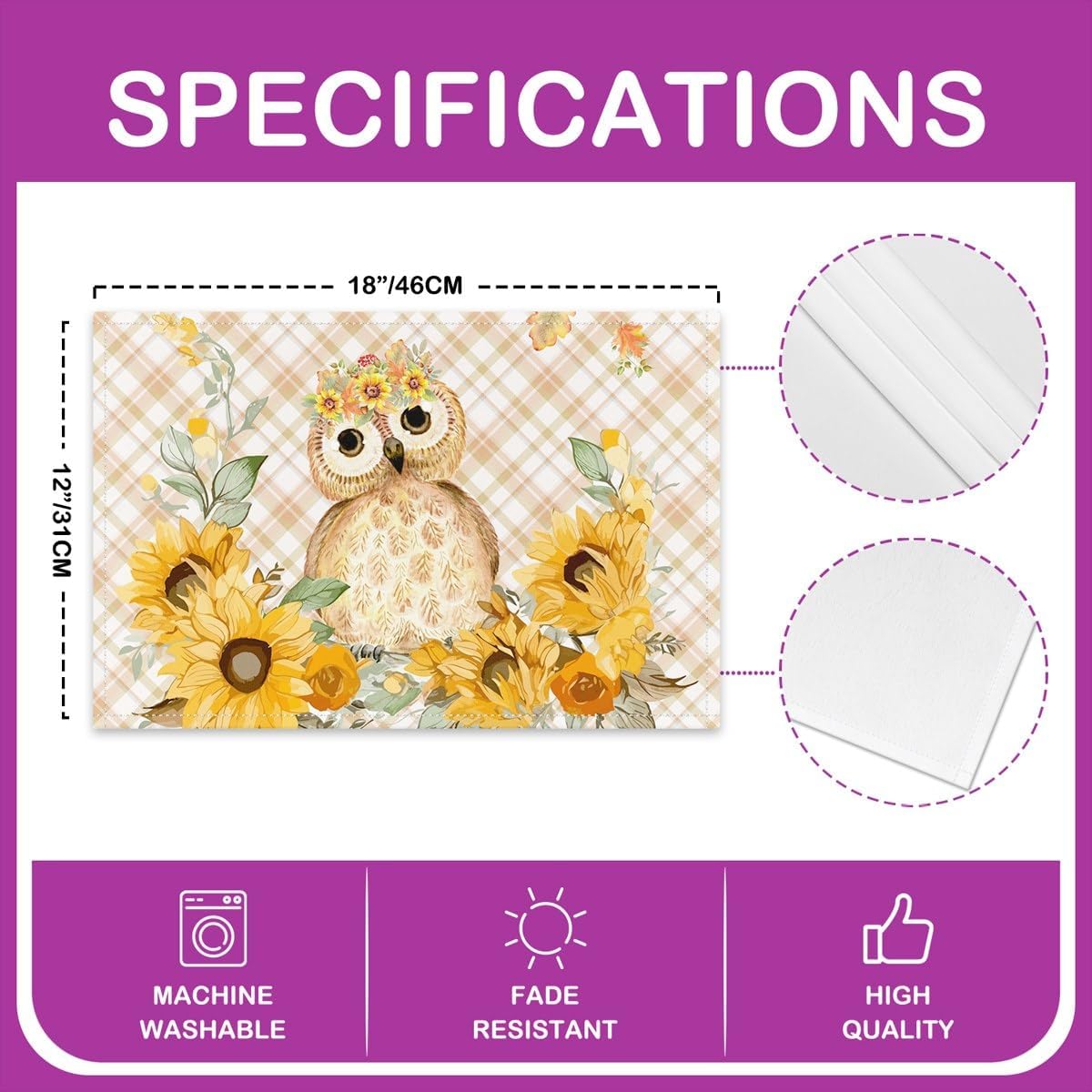 Juego de 4 manteles individuales de acuarela con diseño de búho para cocina, estilo granja, diseño botánico de girasoles y hojas, resistentes al