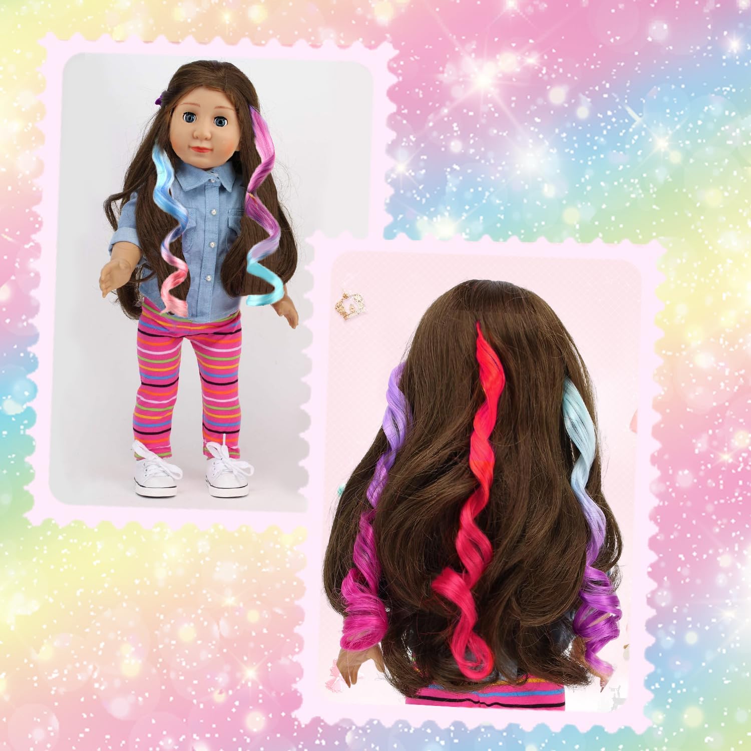 Extensiones de cabello con clip para niños, 4 extensiones de muñeca rizada, peluca de pelo largo de 11 pulgadas para muñeca de niña, regalos de