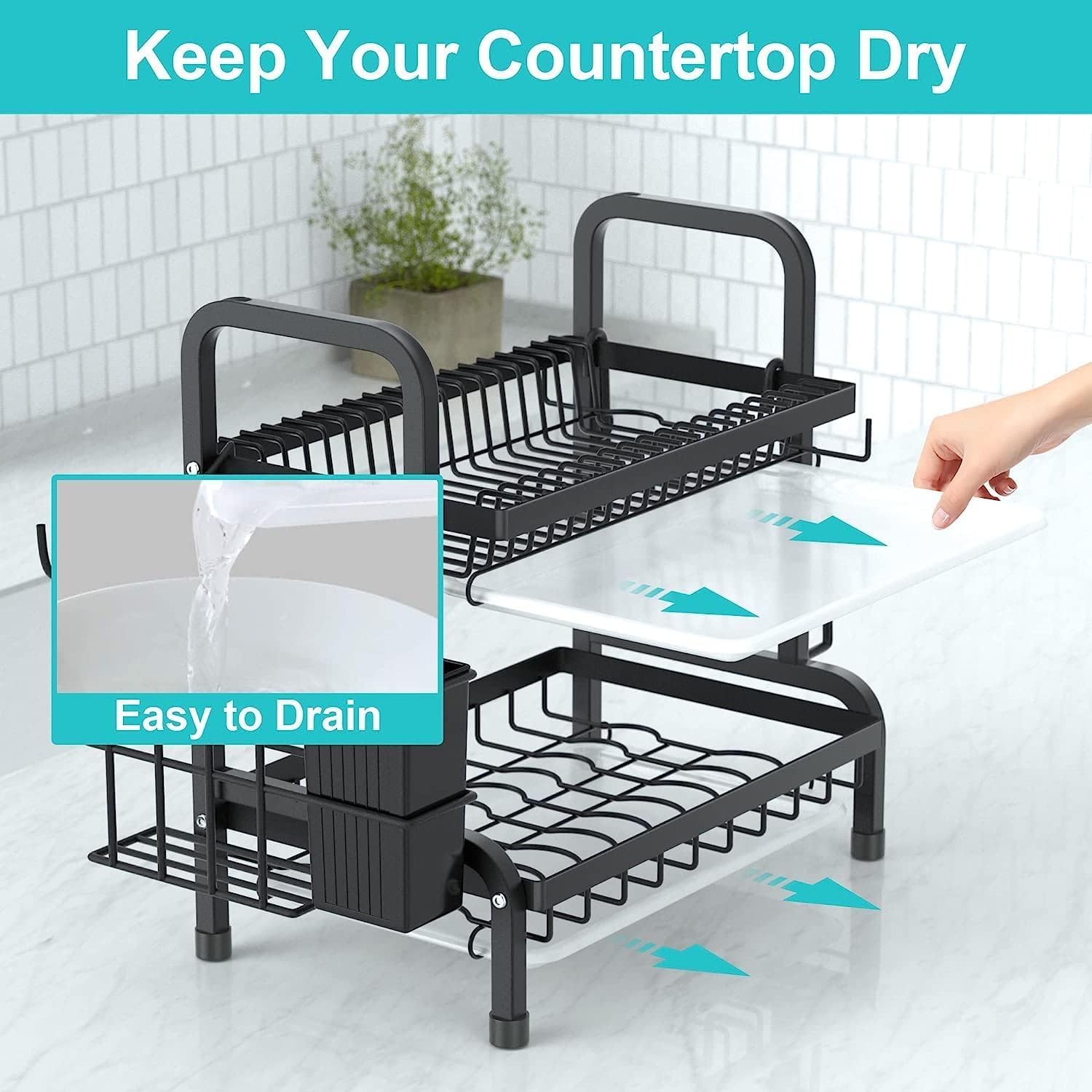 Escurridor de platos, juego de 2 niveles de acero inoxidable con soporte para cubiertos, soporte para tabla de cortar, escurridor de platos para