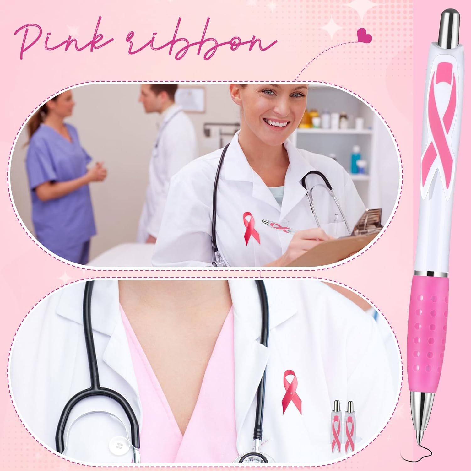 Ctosree 100 bolígrafos retráctiles de gel de cinta rosa para concientización sobre el cáncer de mama, punta fina, tinta negra, bolígrafos de