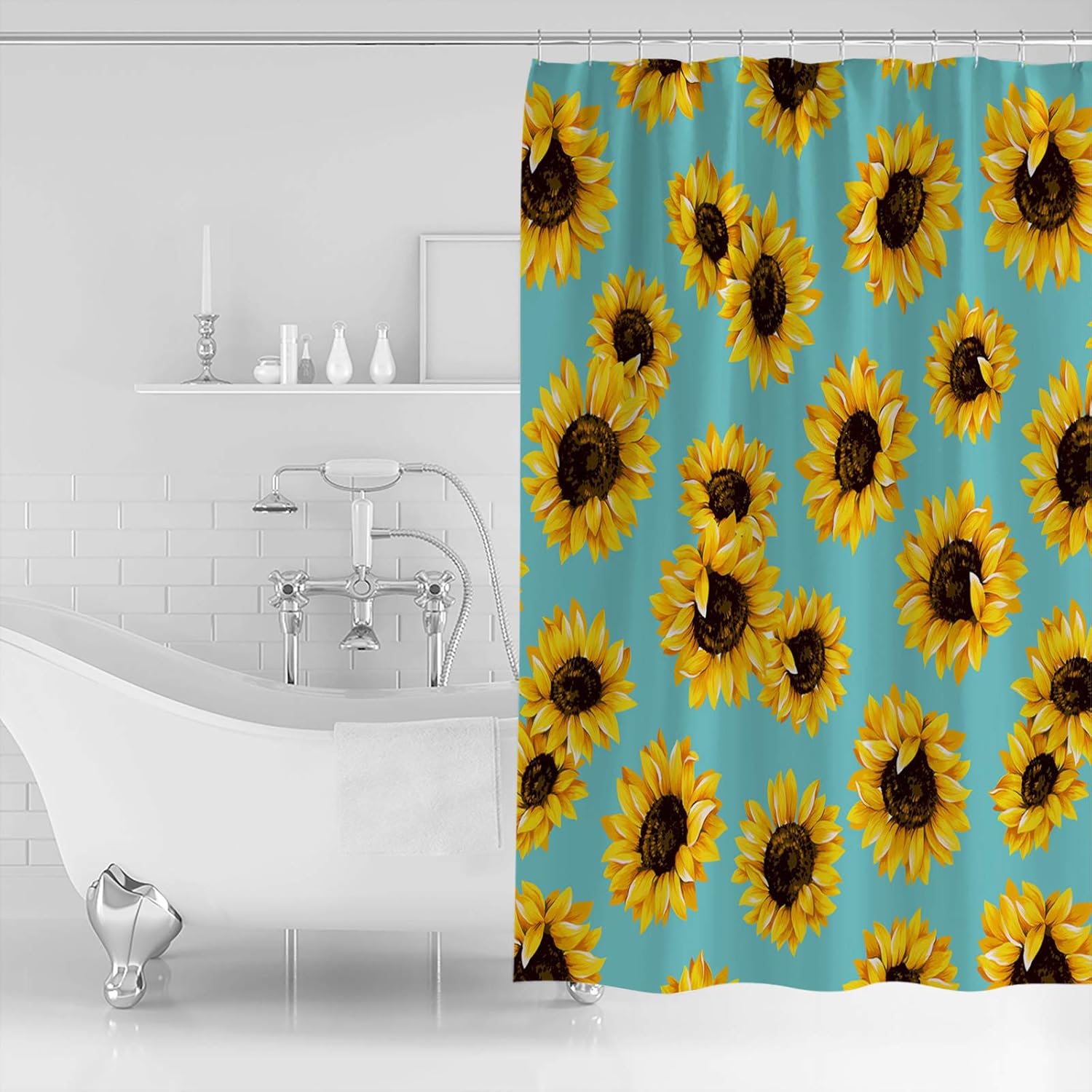 Shower Curtains for Bathroom Sunflower Aqua Vintage Background Waterproof Fabric Shower Curtain Set with 12 Hooks Quick Drying Bathroom Decor