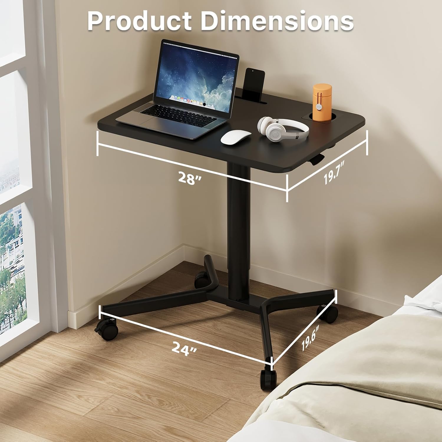 JYLH JOYSEEKER Escritorio móvil de pie, escritorio de pie con soporte para tazas, escritorio móvil con ruedas, altura ajustable, escritorio portátil