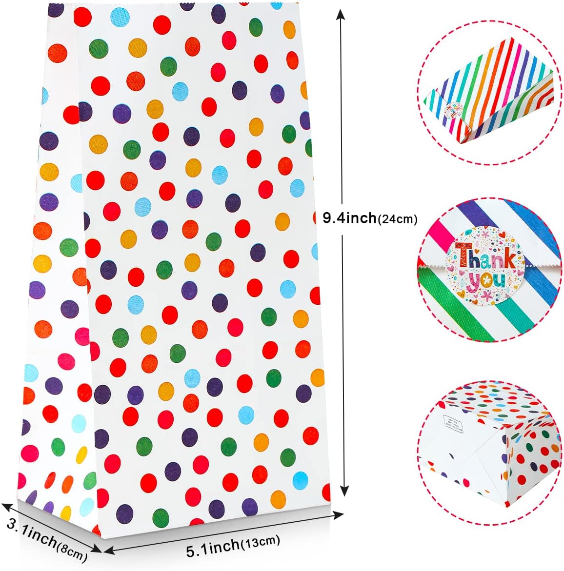 Vammy 30 bolsas de papel de regalo de arcoíris para fiestas, bolsas de regalo de papel kraft seguras para alimentos, bolsas de dulces con 36