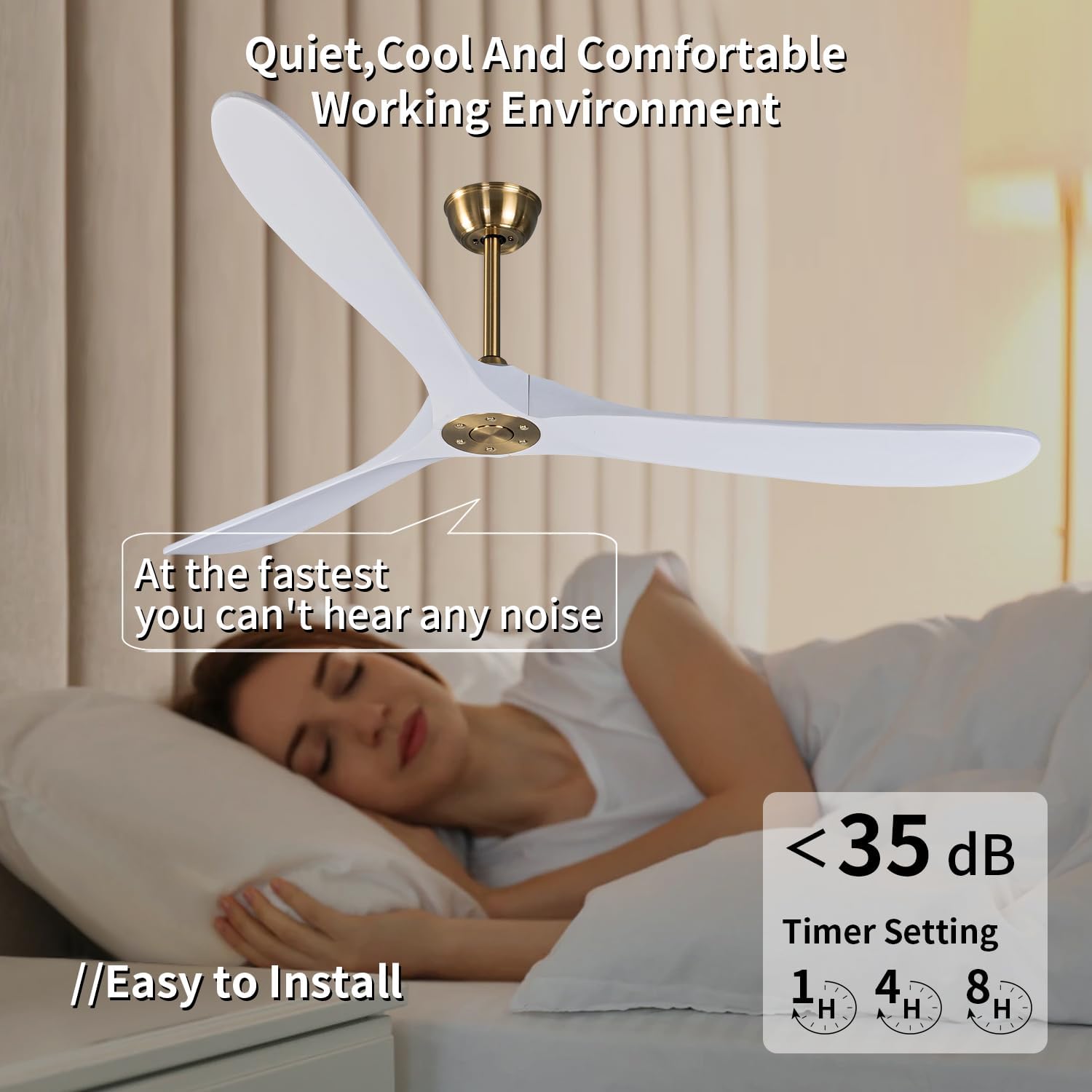 Ventilador de techo blanco grande de 70 pulgadas con control remoto, motor de CC silencioso ahorro de energía, 3 cuchillas de madera de balsa negra,