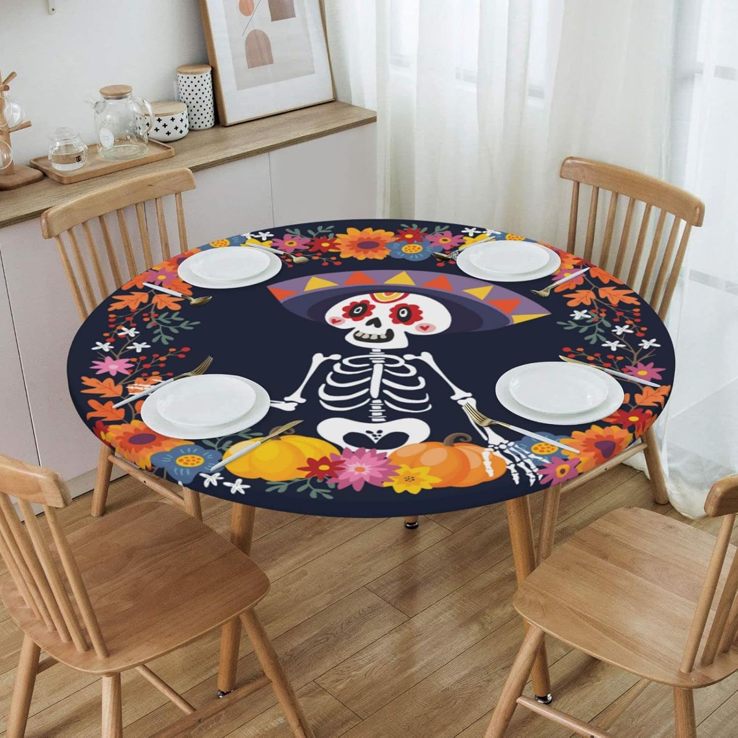 Day of The Dead – Mantel redondo ajustable con diseño de calavera mexicana, impermeable, con borde elástico, para interiores y exteriores, se adapta