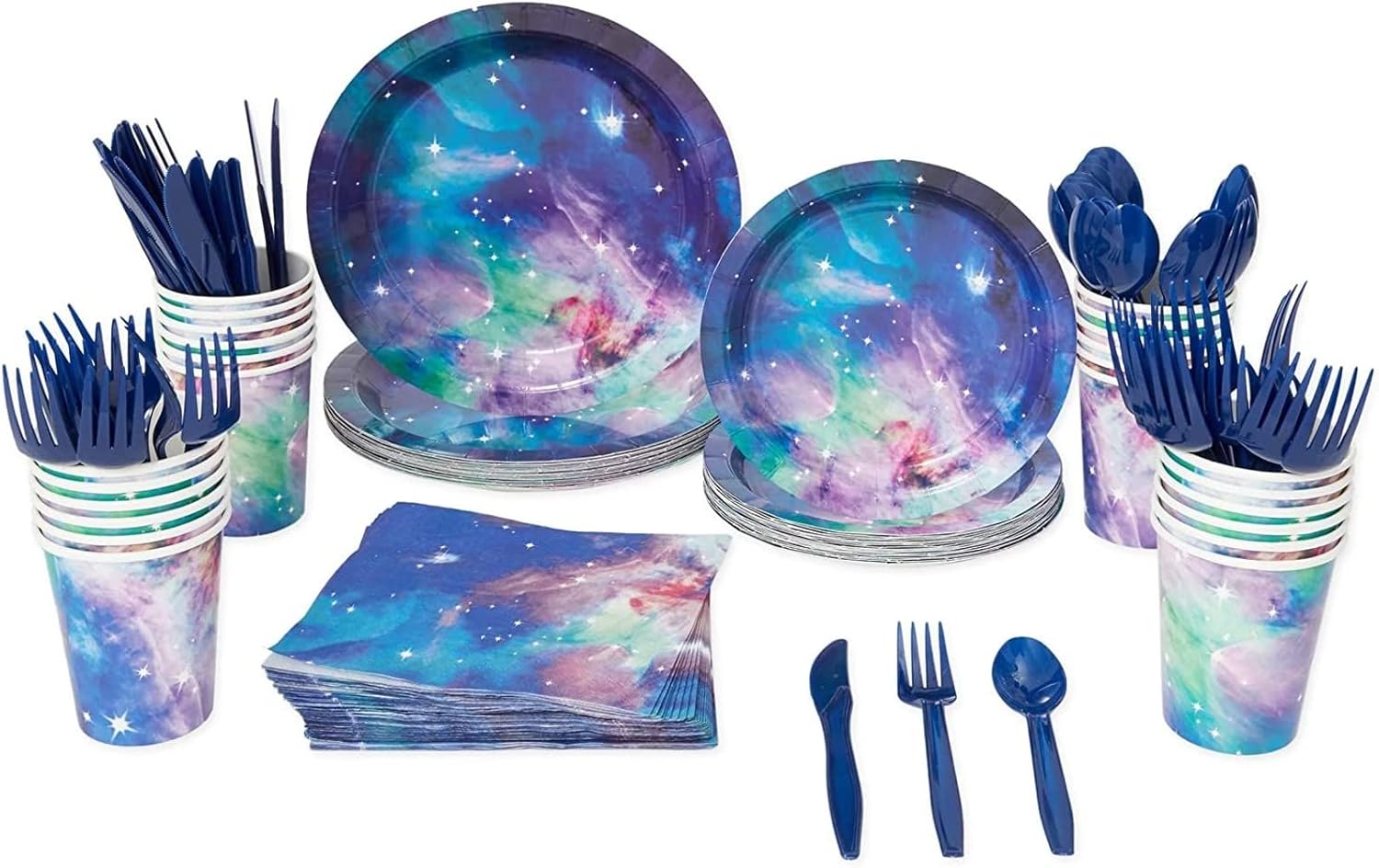168 piezas de suministros de fiesta de galaxia con platos de papel, servilletas, tazas y cubiertos para decoraciones de fiesta de cumpleaños del