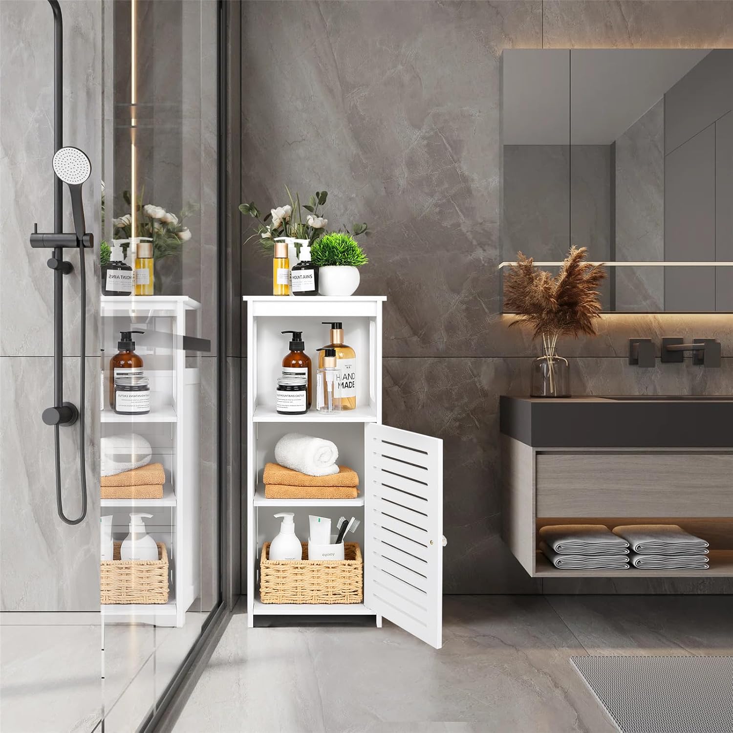 Armario de almacenamiento de baño pequeño, gabinete de suelo independiente, gabinete de almacenamiento estrecho, gabinete de baño impermeable que