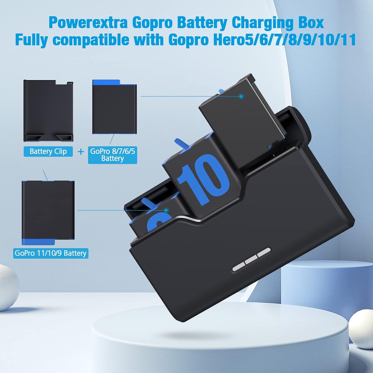 Powerextra Hero 11 – Cargador de batería para GoPro 111098765, soporte de almacenamiento de tarjeta TF con puerto tipo C, totalmente compatible con