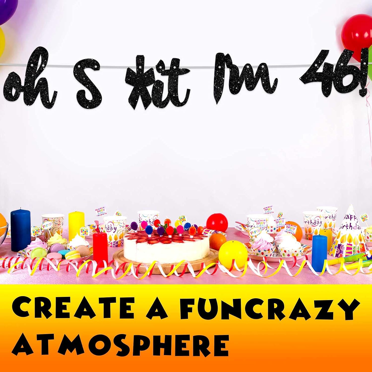 Oh I’m 46! – Fondo de pancarta con purpurina negra de Hallo de cuarenta y seis saludos a 46 años de edad, decoración temática para hombre y mujer,