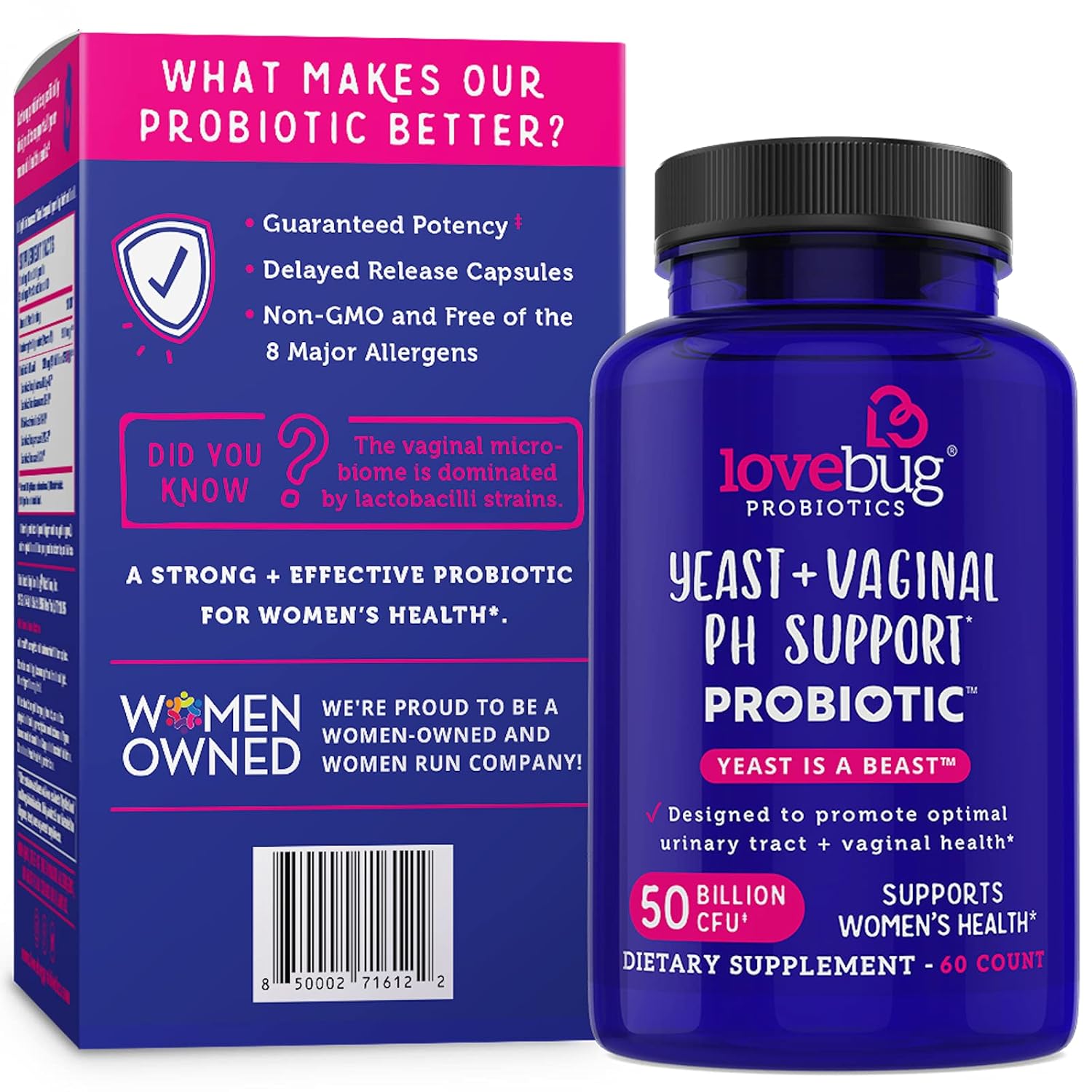 Levadura Lovebug + soporte de pH vaginal  Ingredientes clínicamente estudiados para levaduras e infecciones urinarias  Multi Strain 50 mil millones