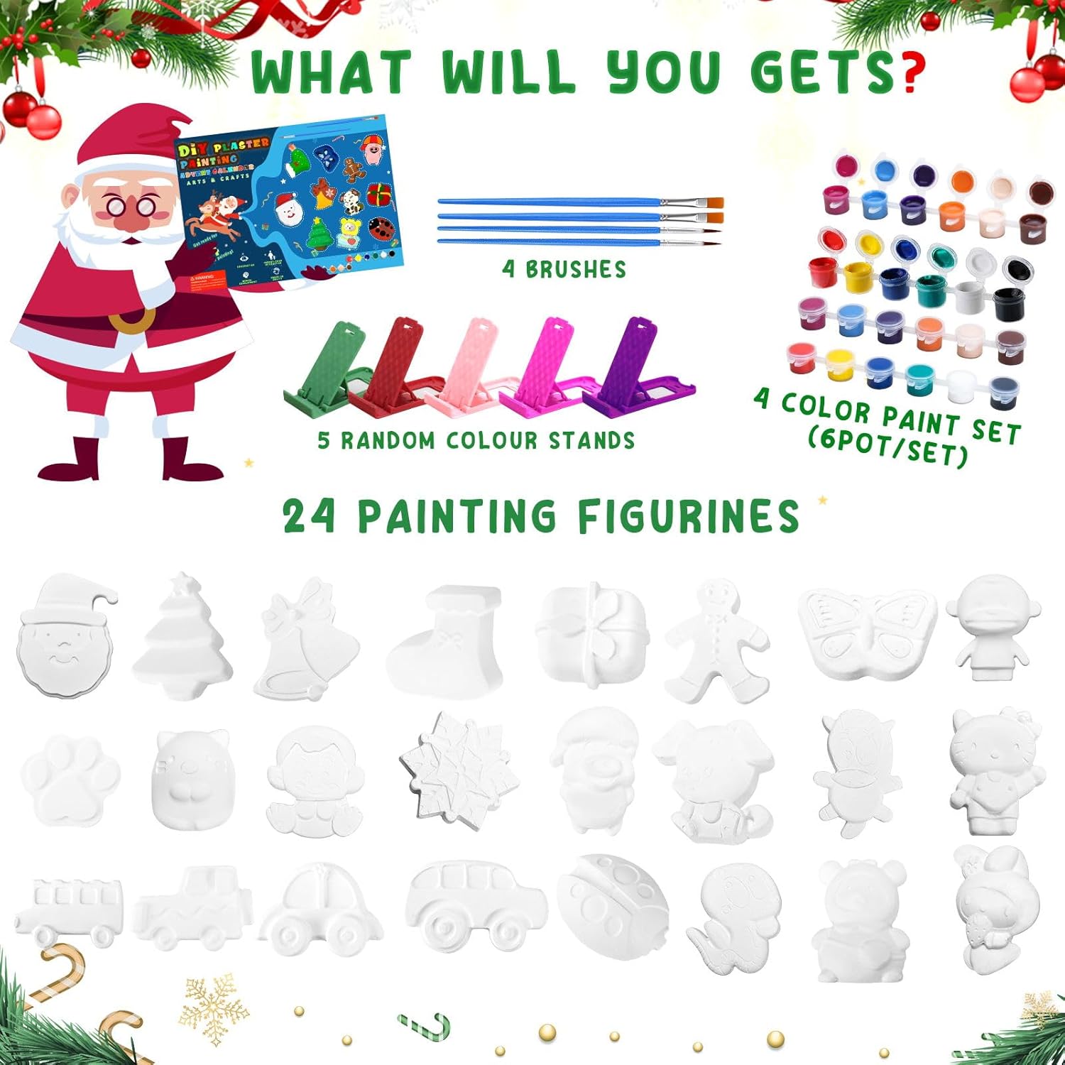 Calendario de Adviento de pintura de artes y manualidades 2023 para niños, 24 días, pintura de yeso, calendario de Adviento de Navidad para niños y