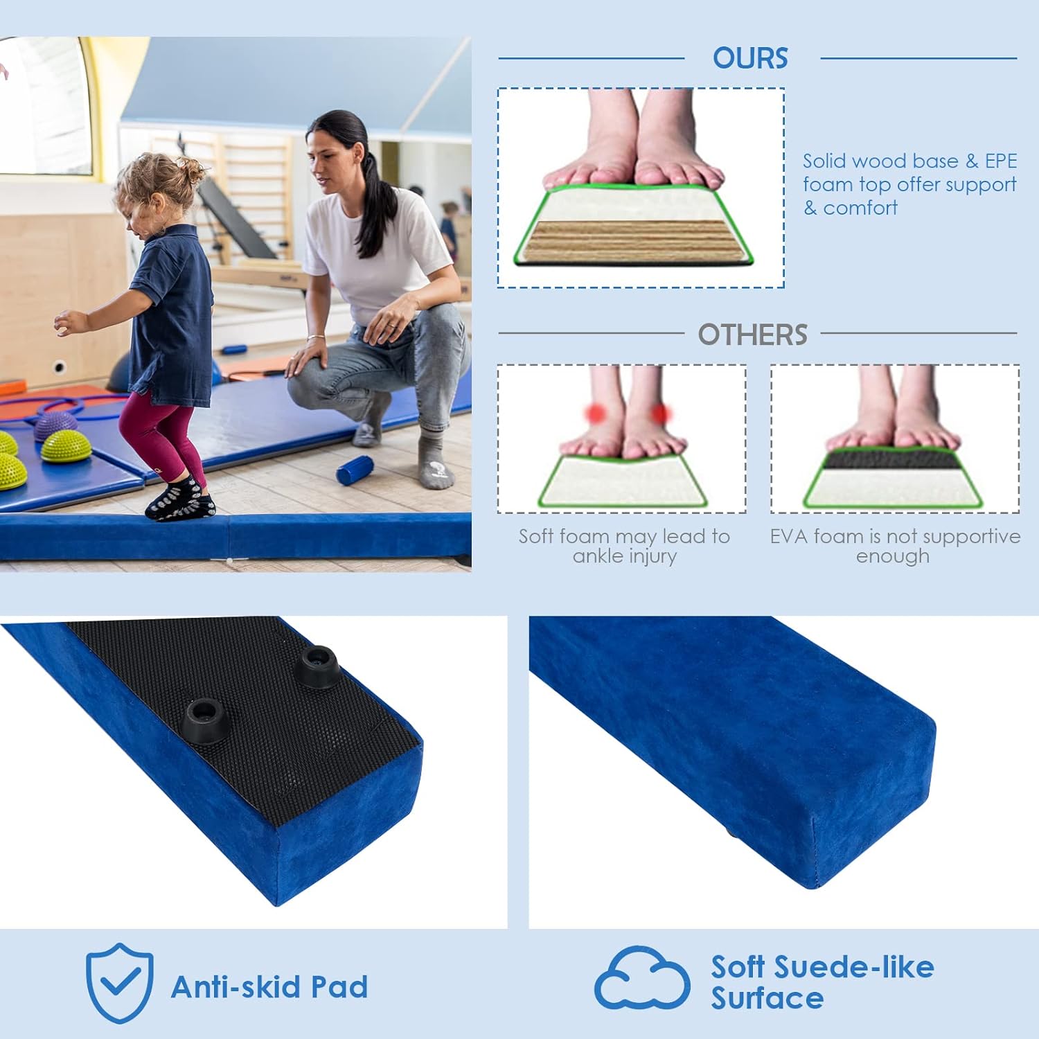 Giantex Haz de equilibrio de 7 pies, haz de gimnasia plegable con asas de transporte, base de goma antideslizante para niños, haz de gimnasia de