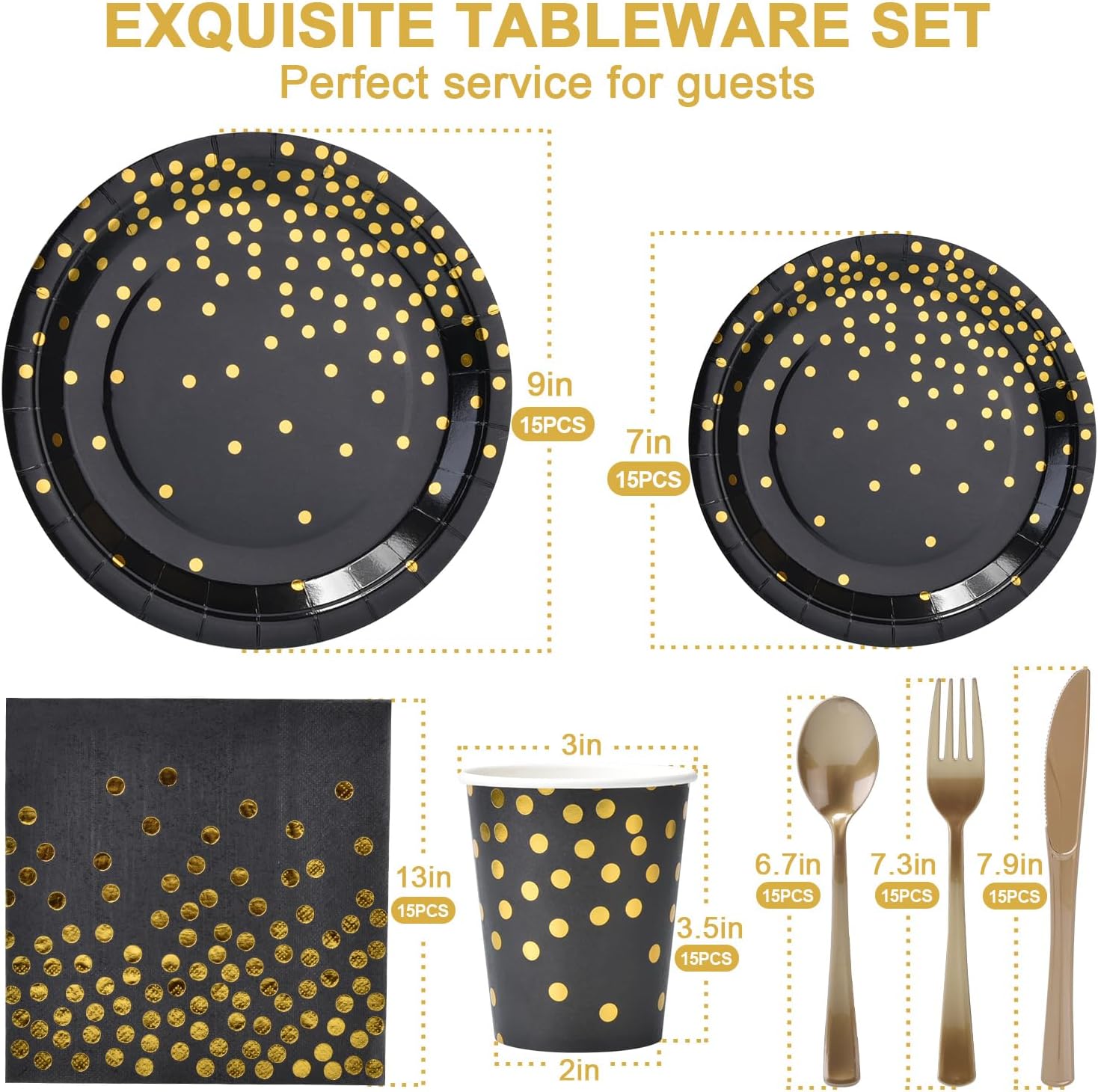 Suministros de fiesta negros y dorados, juego de vajilla desechable de 105 piezas, sirve 15, platos de papel negro, servilletas, vasos, tenedores de