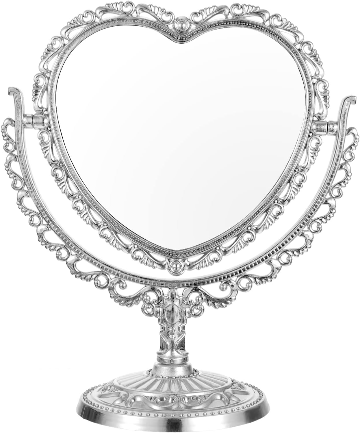 Uonlytech Espejo de belleza en forma de corazón, espejo de corazón plateado, espejo de corazón de doble cara para baño, dormitorio, espejo de regalo