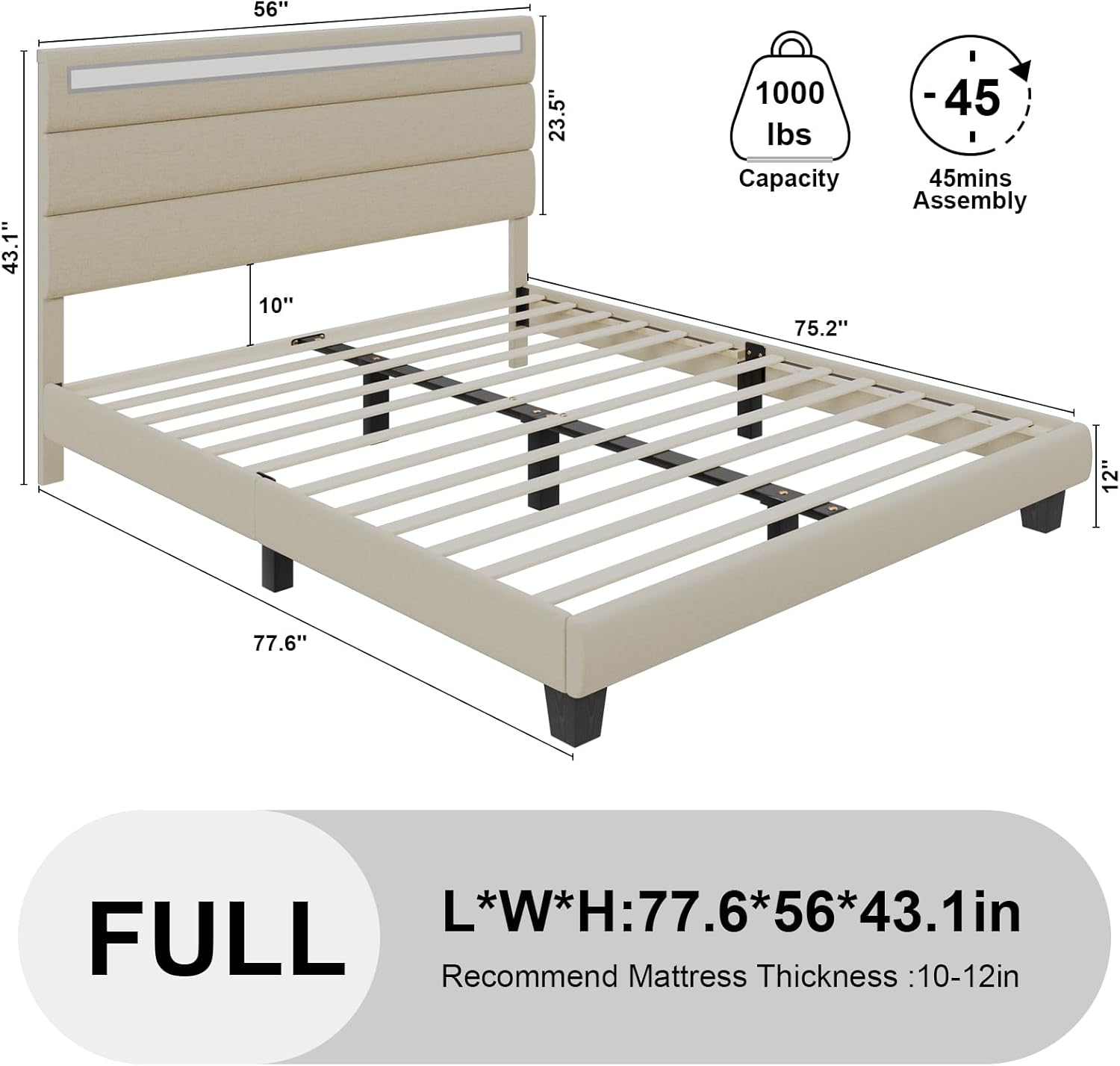 Base de cama de tamaño matrimonial con estación de carga y luces LED, marco de cama tapizado moderno con cabecero, camas de tela de lino, listones