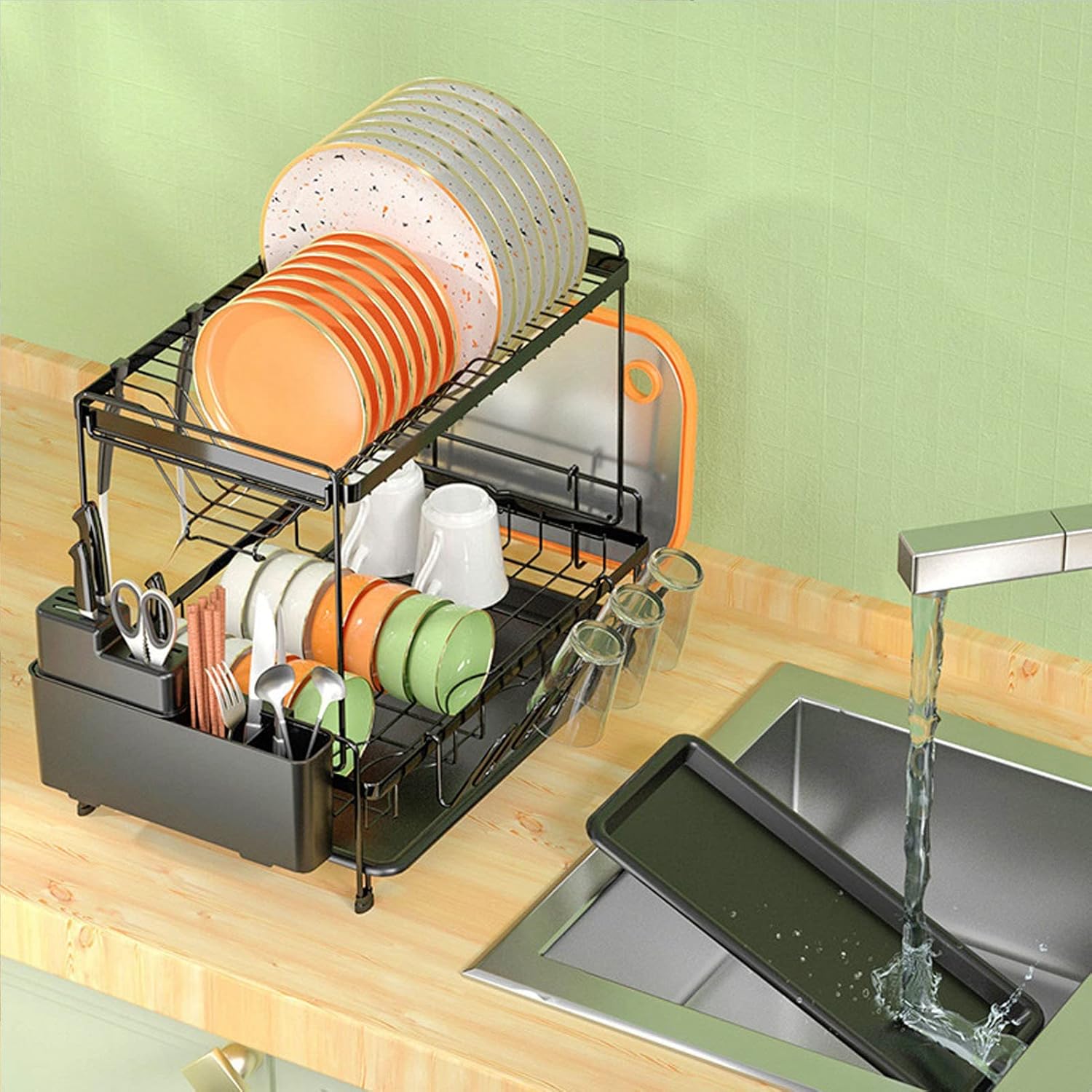 Escurridor de platos con escurridor de platos grande de 2 niveles con soporte para utensilios, estante para tazas, colador de disco de acero al