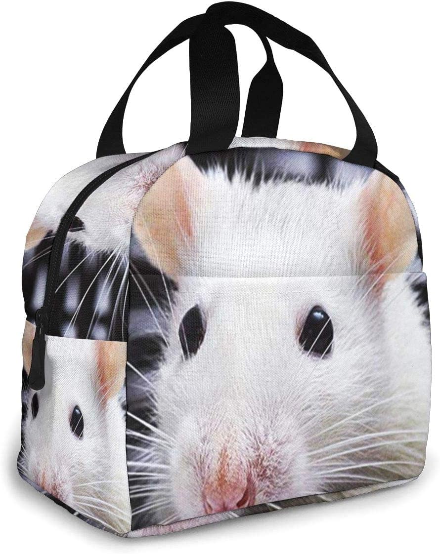 Adorable bolsa de almuerzo aislada con rata blanca para mujeres y hombres, bolsa de almuerzo reutilizable con bolsillo frontal
