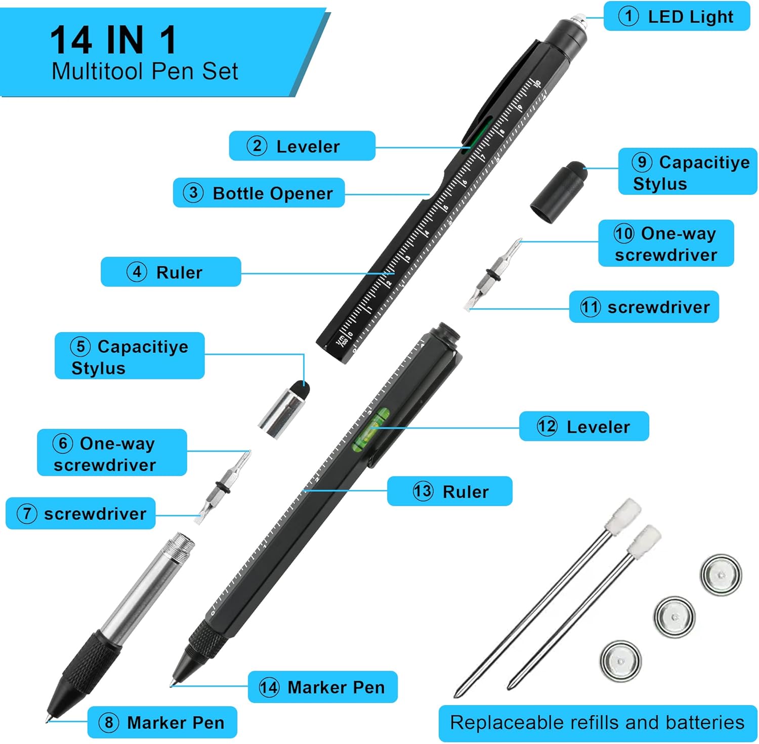 Herramientas para hombres, gadgets geniales, paquete de 2 bolígrafos multiherramientas 9 en 1 con luz LED, lápiz capacitivo para pantalla táctil,