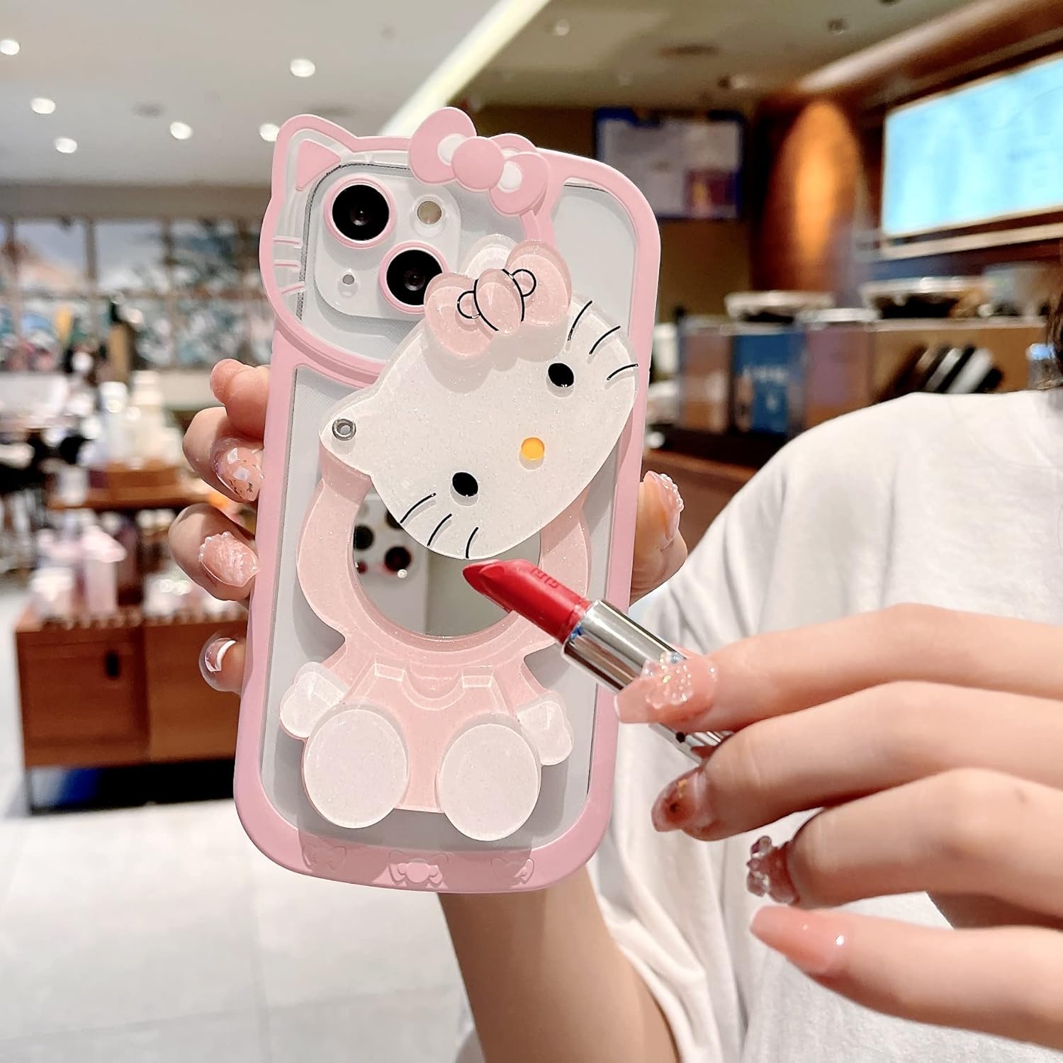 Olntun for iPhone 11 Cute Cartoon Cat Case,3D Bow Kawaii Pink Cartoon Cat Face Makeup Mirror Women Girls Kids Soft TPU Clear Protective Phone Cover