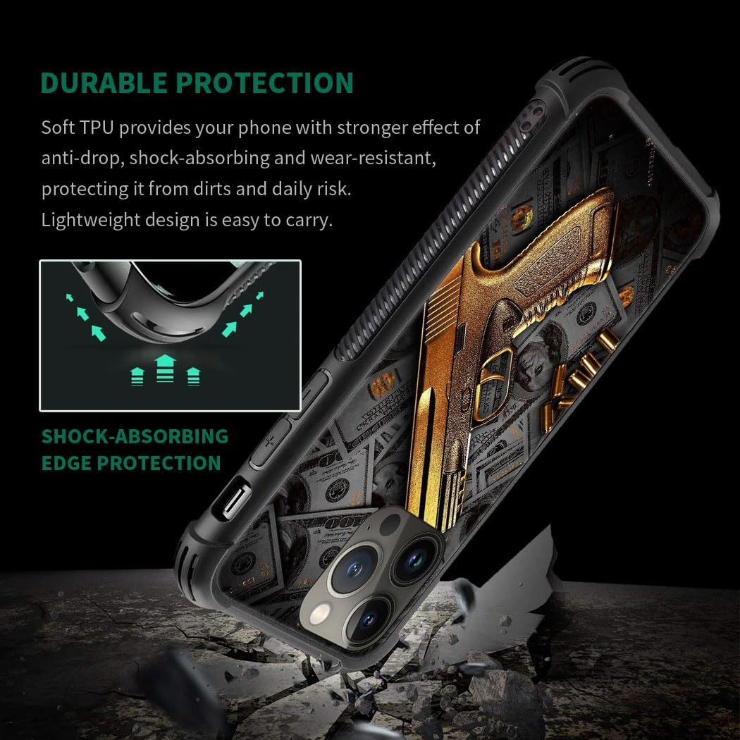 CARLOCA Funda compatible con iPhone 13 Pro, Gold USA Money, ultra protección, a prueba de golpes, silicona suave TPU, parte trasera antideslizante