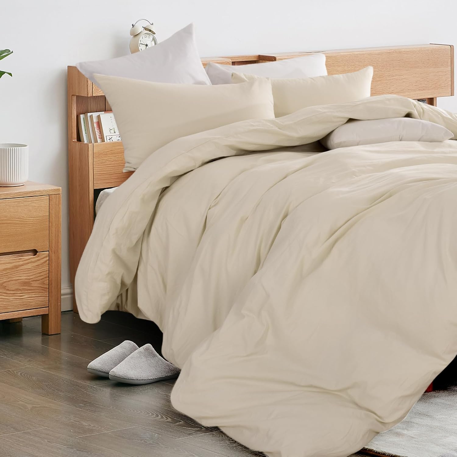 NEXHOME PRO Juego de funda de edredón 100% algodón lavado, tamaño matrimonial, textura de lino orgánico natural, juego de ropa de cama de 3 piezas