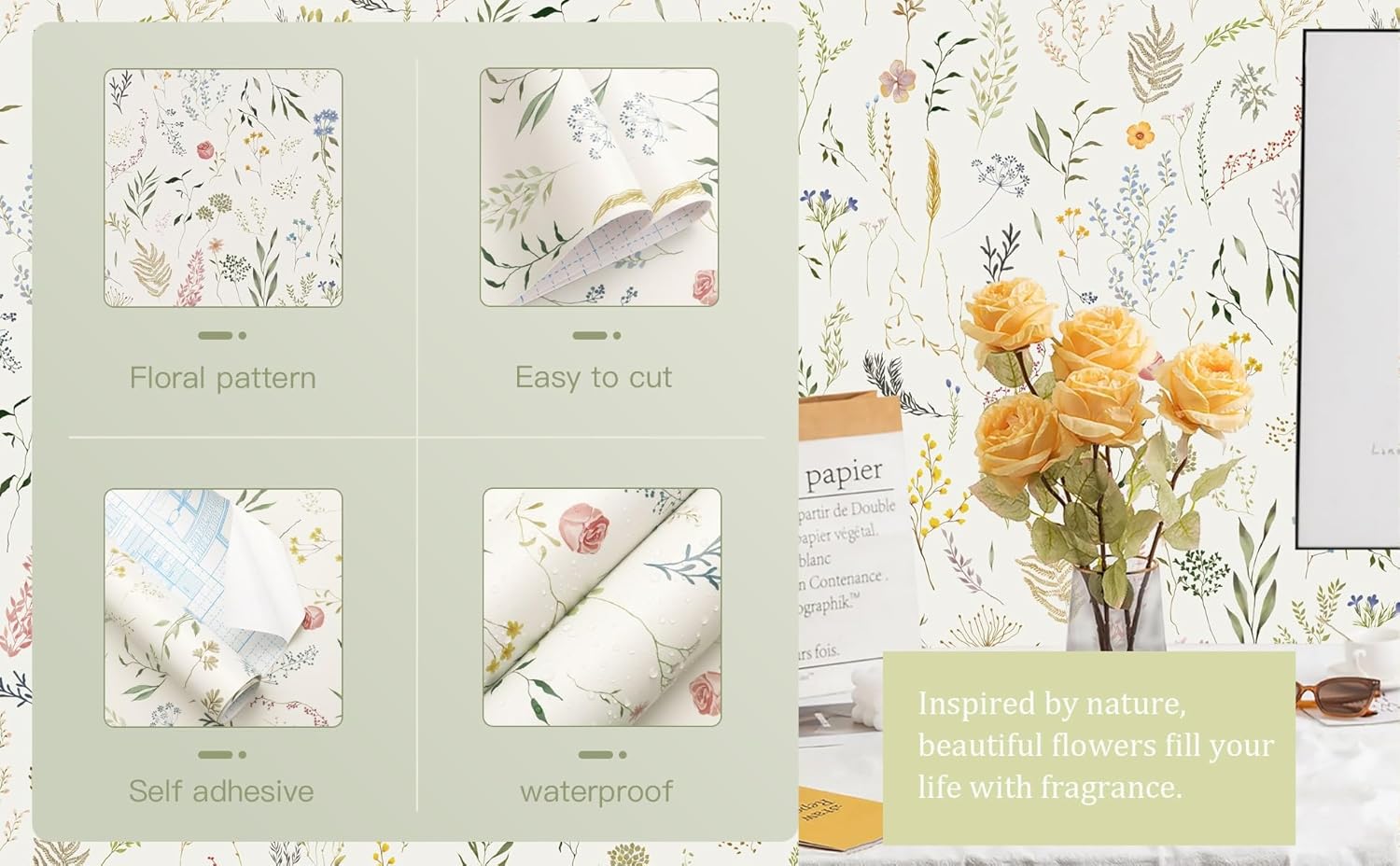 Dimoon Papel tapiz floral de 236 x 16.1 pulgadas, papel de contacto beige grueso, papel tapiz grueso de flores delicadas, impermeables, hojas