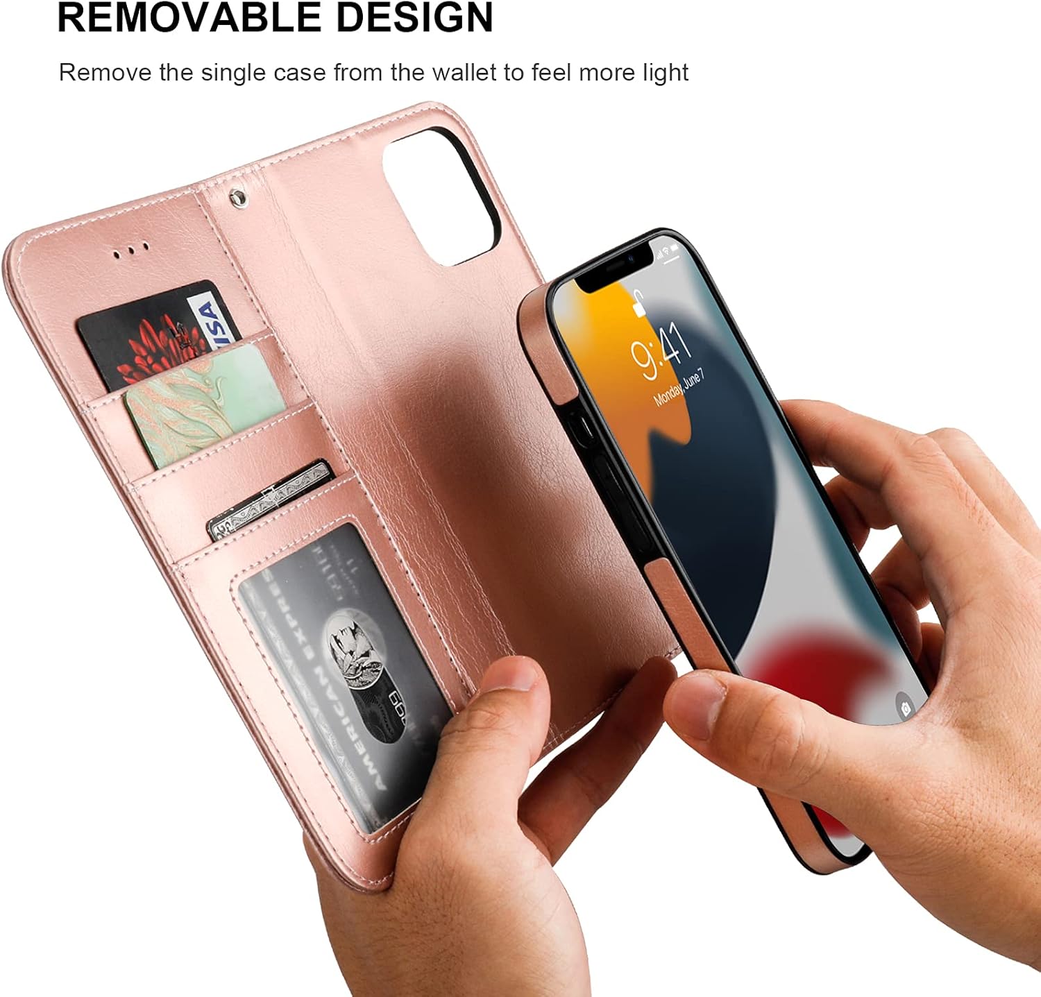 Bocasal Funda tipo cartera desmontable para iPhone 13 con bloqueo RFID, ranuras para tarjetas, soporte de piel sintética de alta calidad, soporte