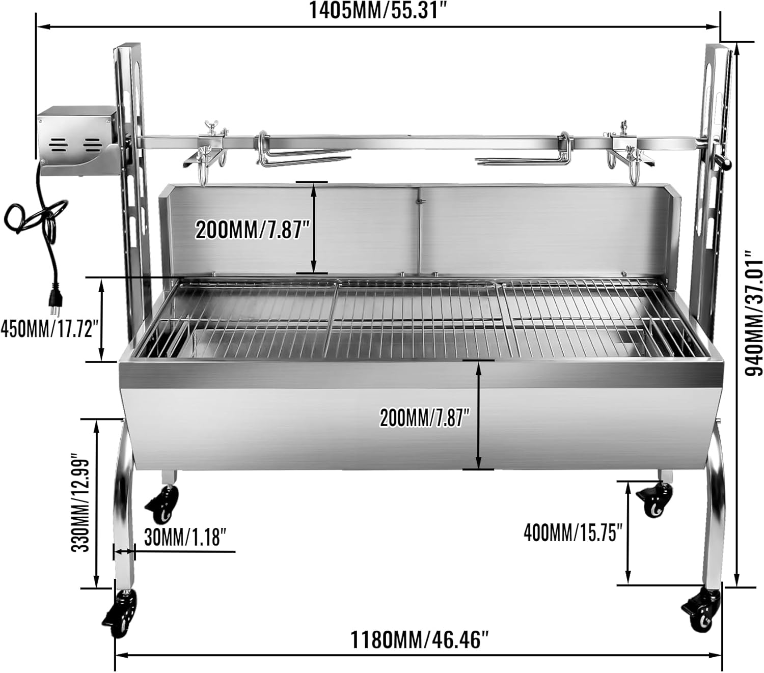 Parrilla asadora de acero inoxidable con protector de cubierta trasera, motor de 25 W, asador de cordero de cerdo pequeño, parrilla asadora de
