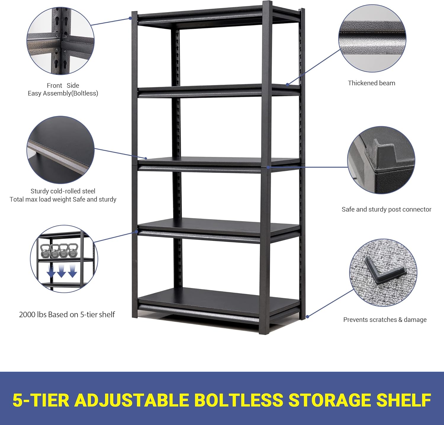 Estantería de metal ajustable de 5 niveles, estantes de almacenamiento resistentes, organizador comercial para garaje, sótano, cocina, despensa,