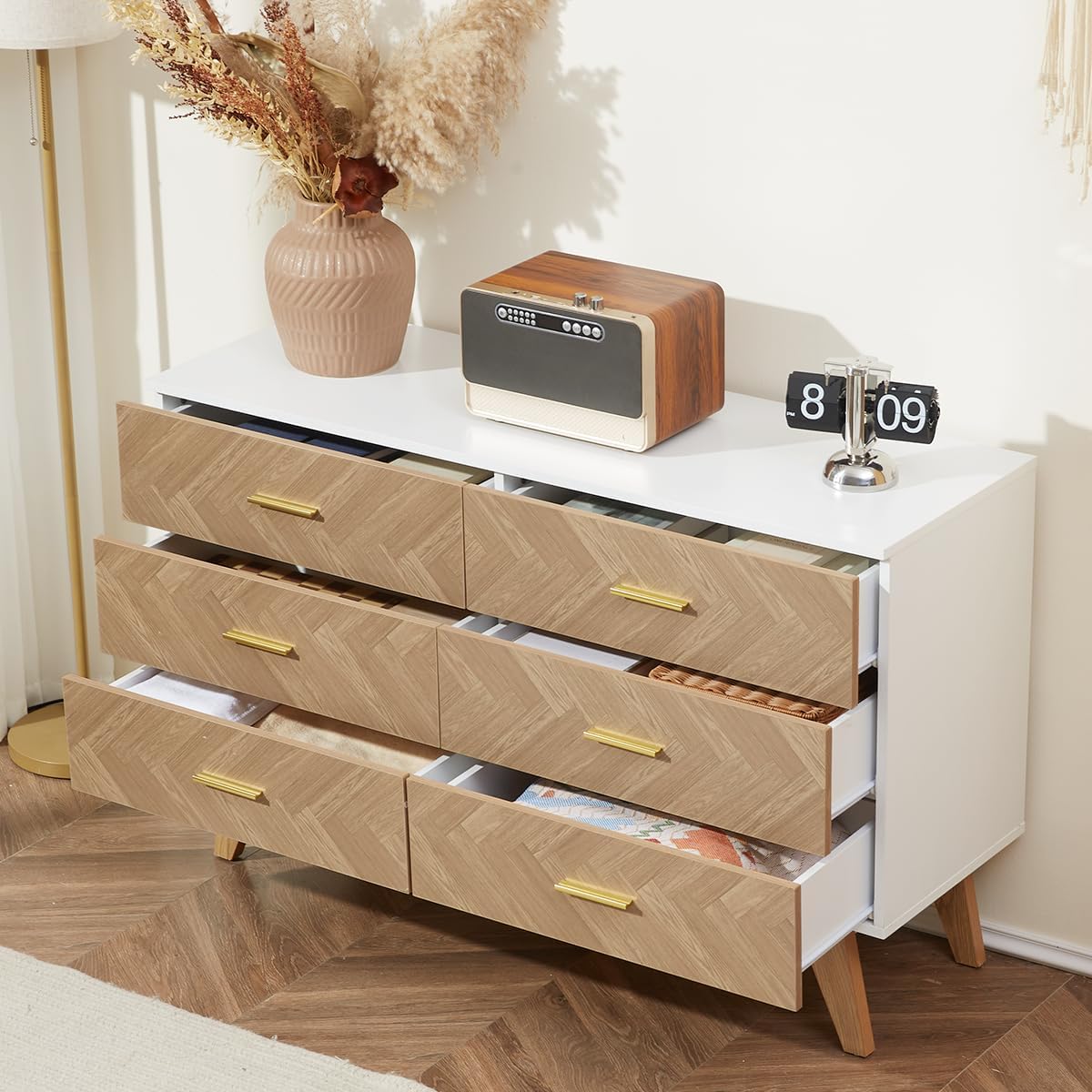 KOZIDO Cómoda de madera con 6 cajones profundos, 6 cómodas dobles, armario de almacenamiento moderno para dormitorio, sala de estar, pasillo,