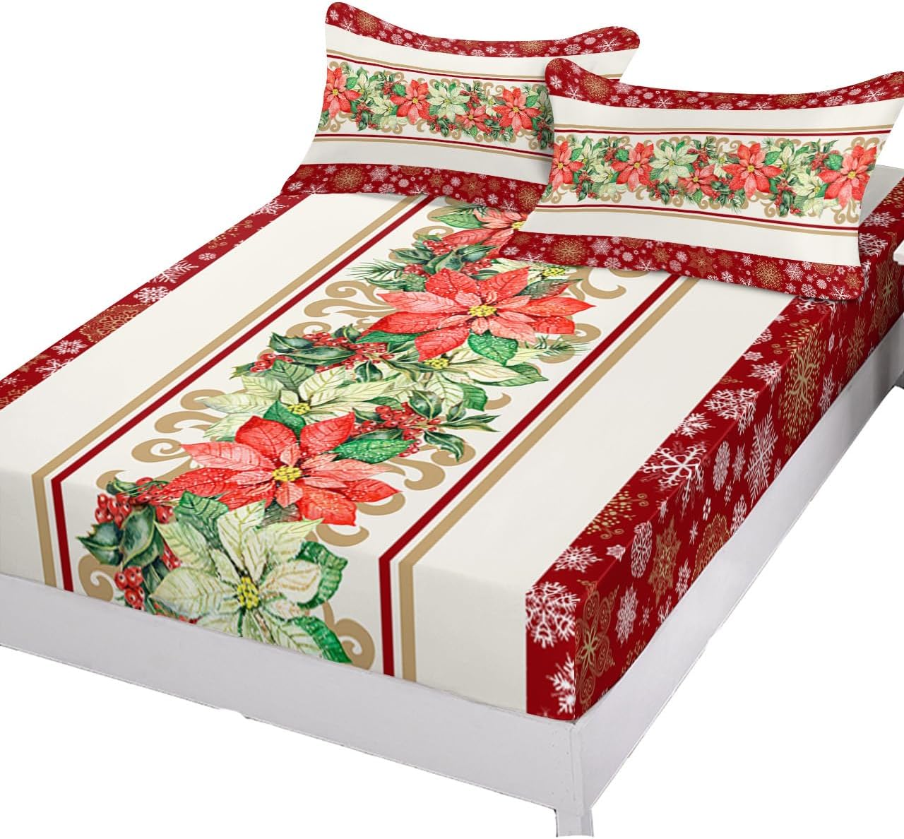 Christmas Winter Poinsettia Flower Fitted Bed Sheets California King Size Fit 5-16inch Deep Pockets,Bottom Sheet Bedding Set with Pillow Case,White