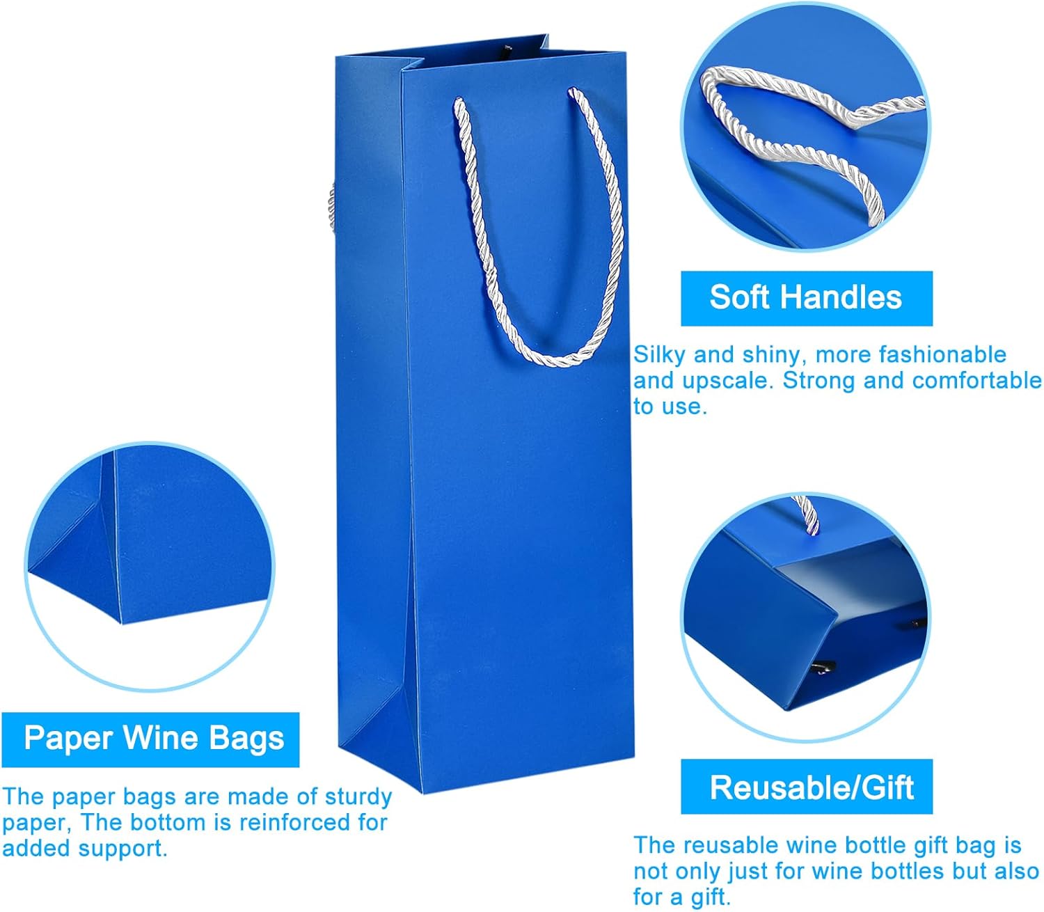uxcell Bolsas de vino, 12 unidades, color azul, de 5 x 4 x 14 pulgadas, bolsas de regalo de vino con asas de cuerda, bolsa de papel para vino, para