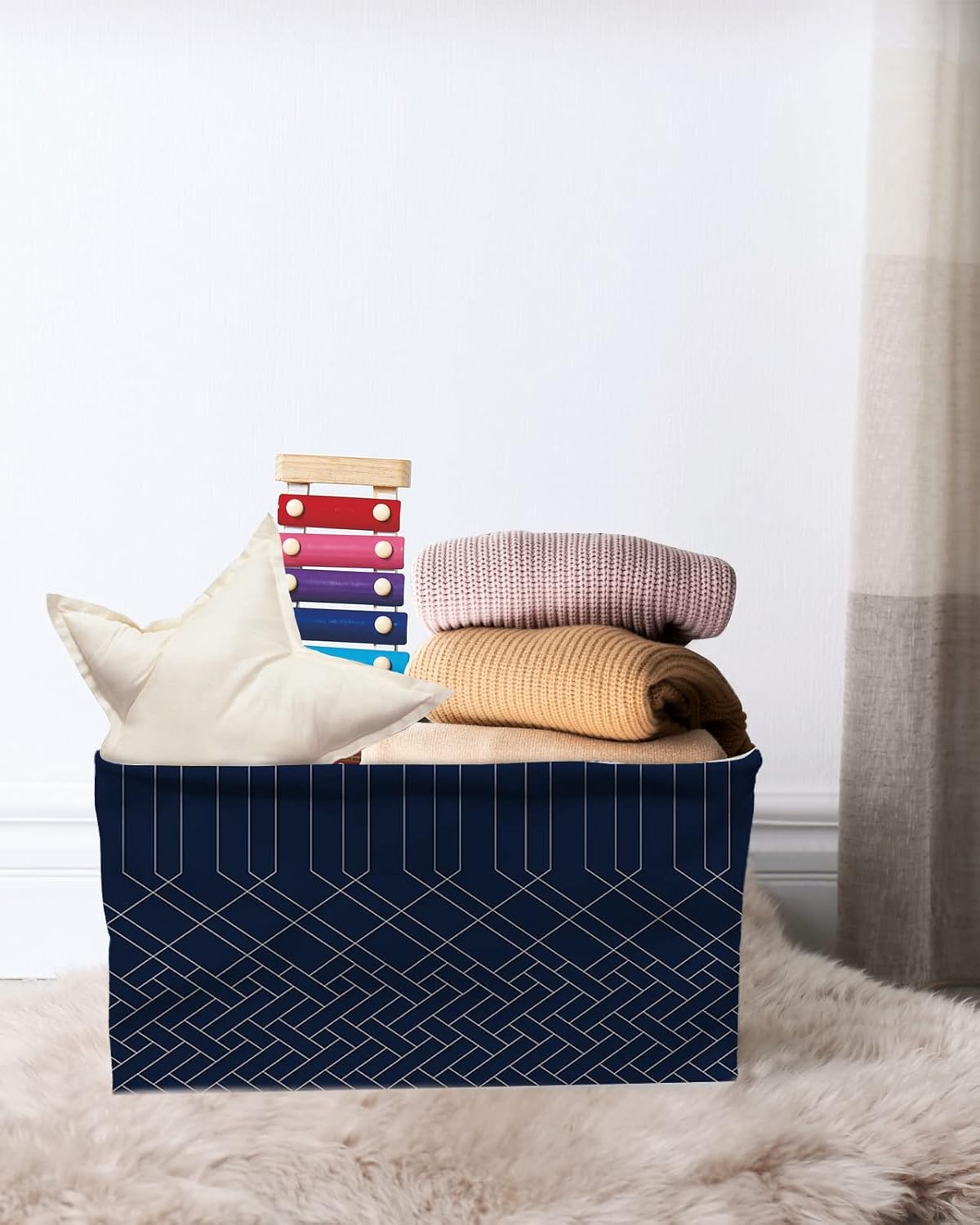 Cesta de almacenamiento geométrica azul marino y blanco para organizar estantes, cajas de almacenamiento plegables con asa, cesta de lona de arte