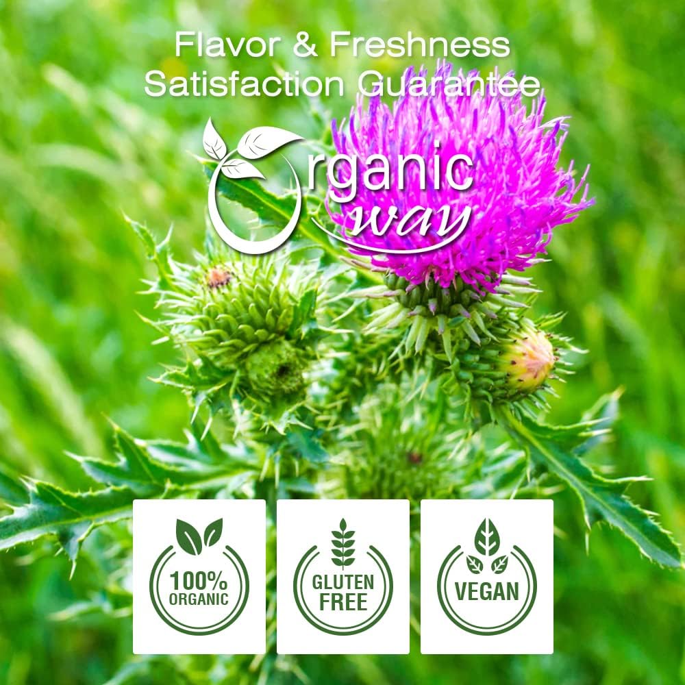 Organic Way Semillas enteras de cardo mariano (Silybum marianum)  Cosecha silvestre europea  Certificado orgánico y Kosher  Veganas, sin OMG y sin