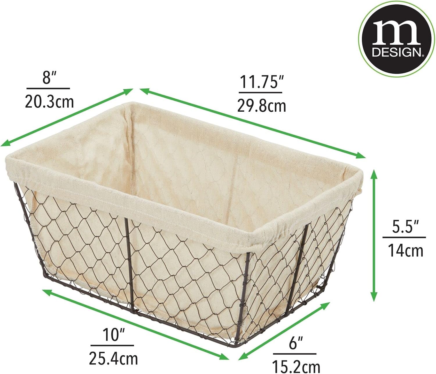 mDesign Cesta organizadora mediana de metal para el hogar, diseño de alambre de pollo, forro de tela para cocina, baño, sala de estar, despensa,