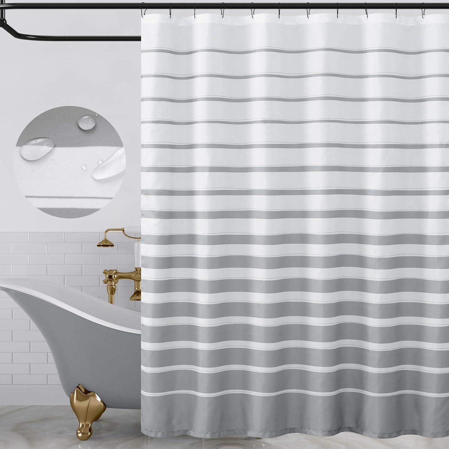 Lazzzy Cortina de ducha moderna a rayas grises y blancas para baño, juego de cortina de ducha de tela impermeable con ganchos, estilo hotel, lavable