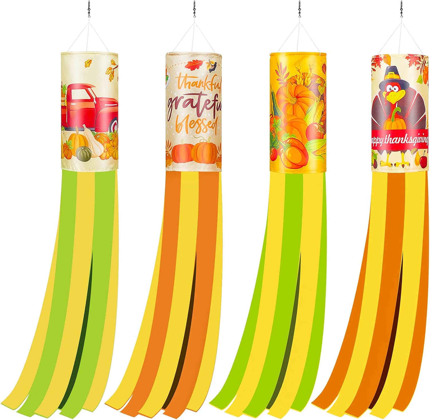 4 piezas de calcetines de viento de otoño para Acción de Gracias, pavo, calabaza, hoja de arce, camión, cosecha, calabaza, banderas de manga de