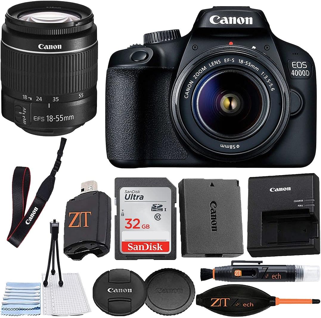 Canon EOS 4000D  Rebel T100 – Cámara DSLR de 0.709-2.165 in con zoom + paquete de accesorios ZeeTech con tarjeta de memoria SanDisk de 32 GB, kit de