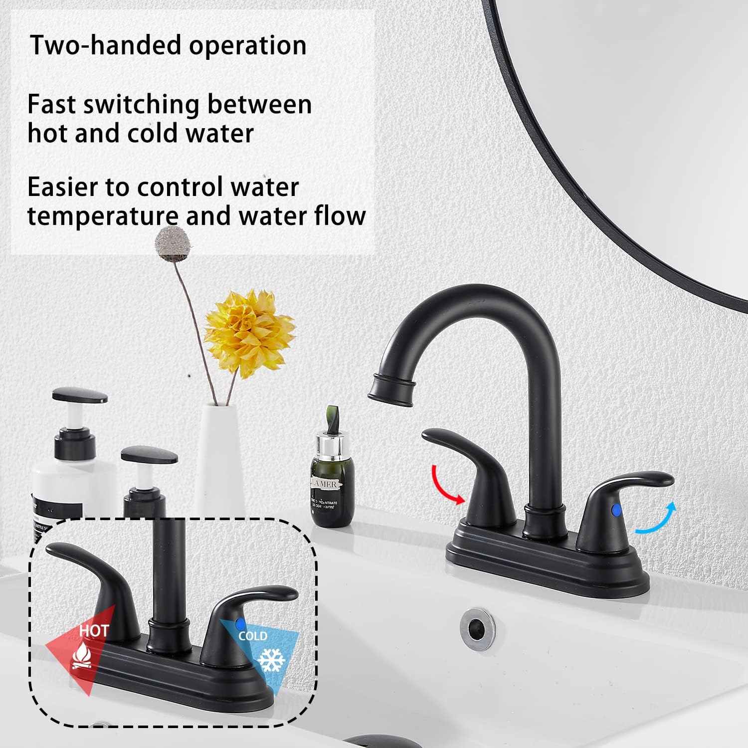 GGStudy – Grifo de baño negro mate con 2 asas de 4 pulgadas, juego central negro para autocaravana, con montaje de drenaje y manguera de suministro,
