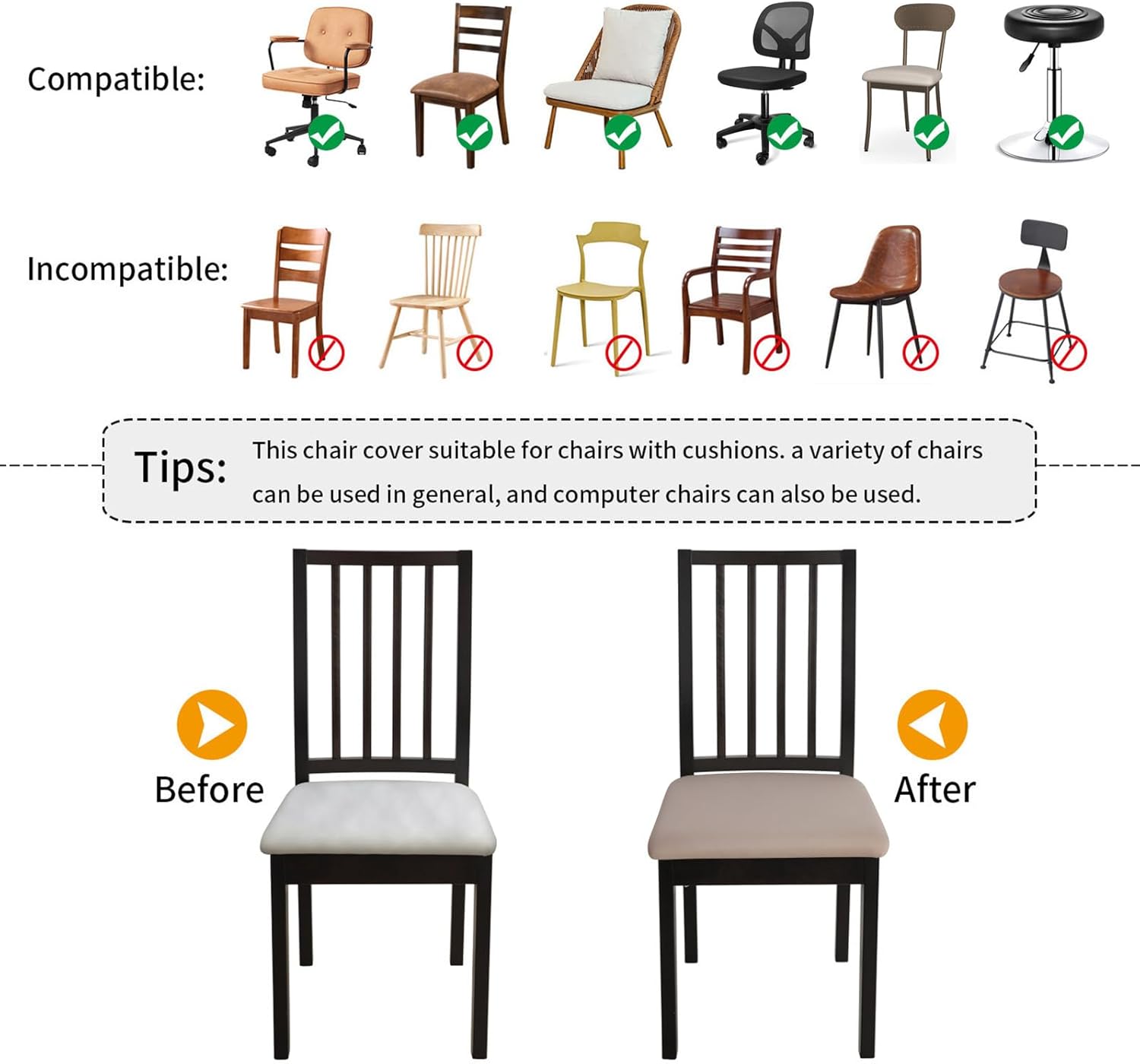 YISUN Fundas de asiento impermeables para comedor, elásticas, extraíbles y lavables, fundas de asiento de silla de cocina con lazos elásticos y
