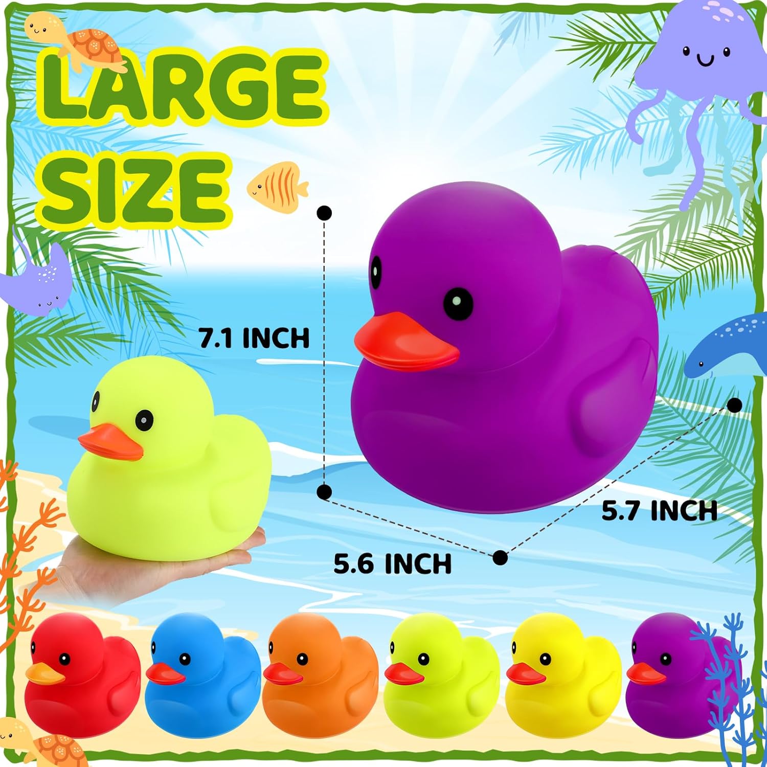 Juego de 6 patos de goma de 7.1 pulgadas, juego de patos de goma grandes y coloridos para fiestas, patos flotantes y chirriantes, juguetes de tina