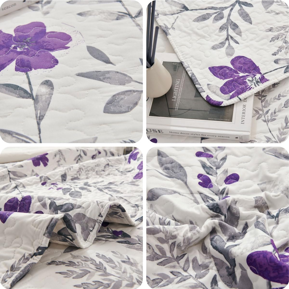Colchas de cama con estampado floral, tamaño King, color morado y gris, colcha de hojas transpirable, cubrecama bontánica, manta de microfibra