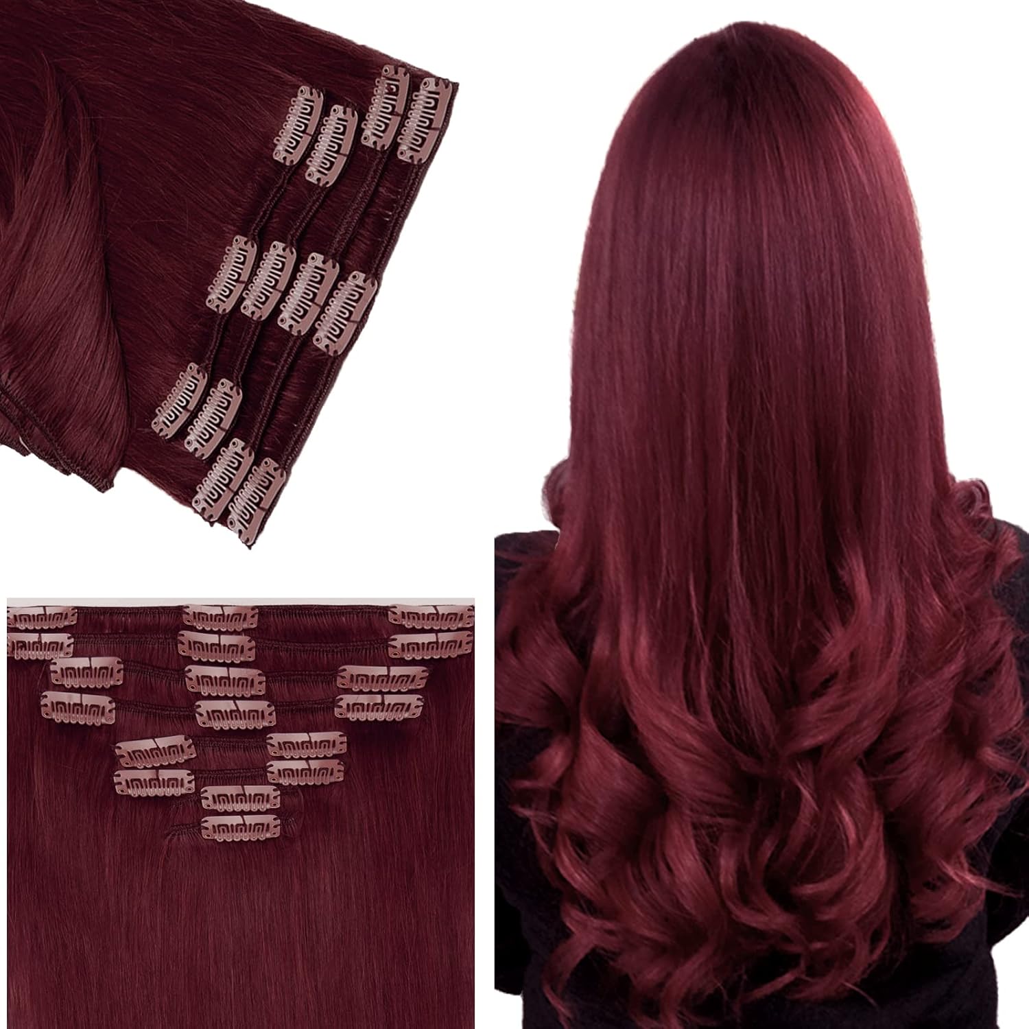 Benehair Extensiones de cabello humano real con clip, color rojo vino, 24 pulgadas de largo, lacio, Remy natural, cabeza completa, 8 unidades, 18