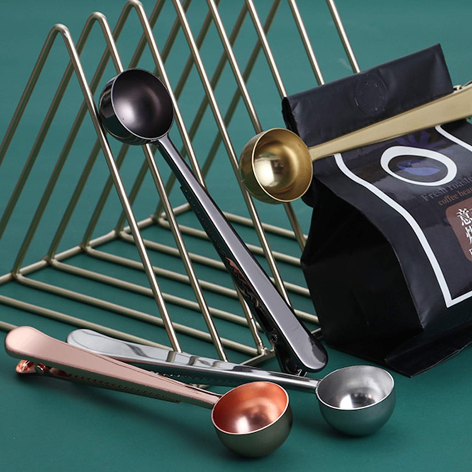 Paquete de 2 cucharas de café, cucharas medidoras de acero inoxidable con clip para bolsa de café molido, expreso, granos de café (oro rosa y oro