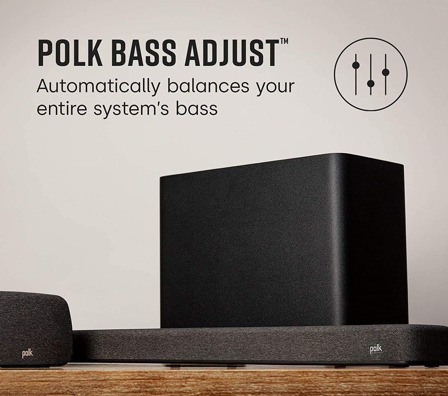 Barra de sonido React, altavoces envolventes Polk SR2 y subwoofer Polk React de 7 pulgadas