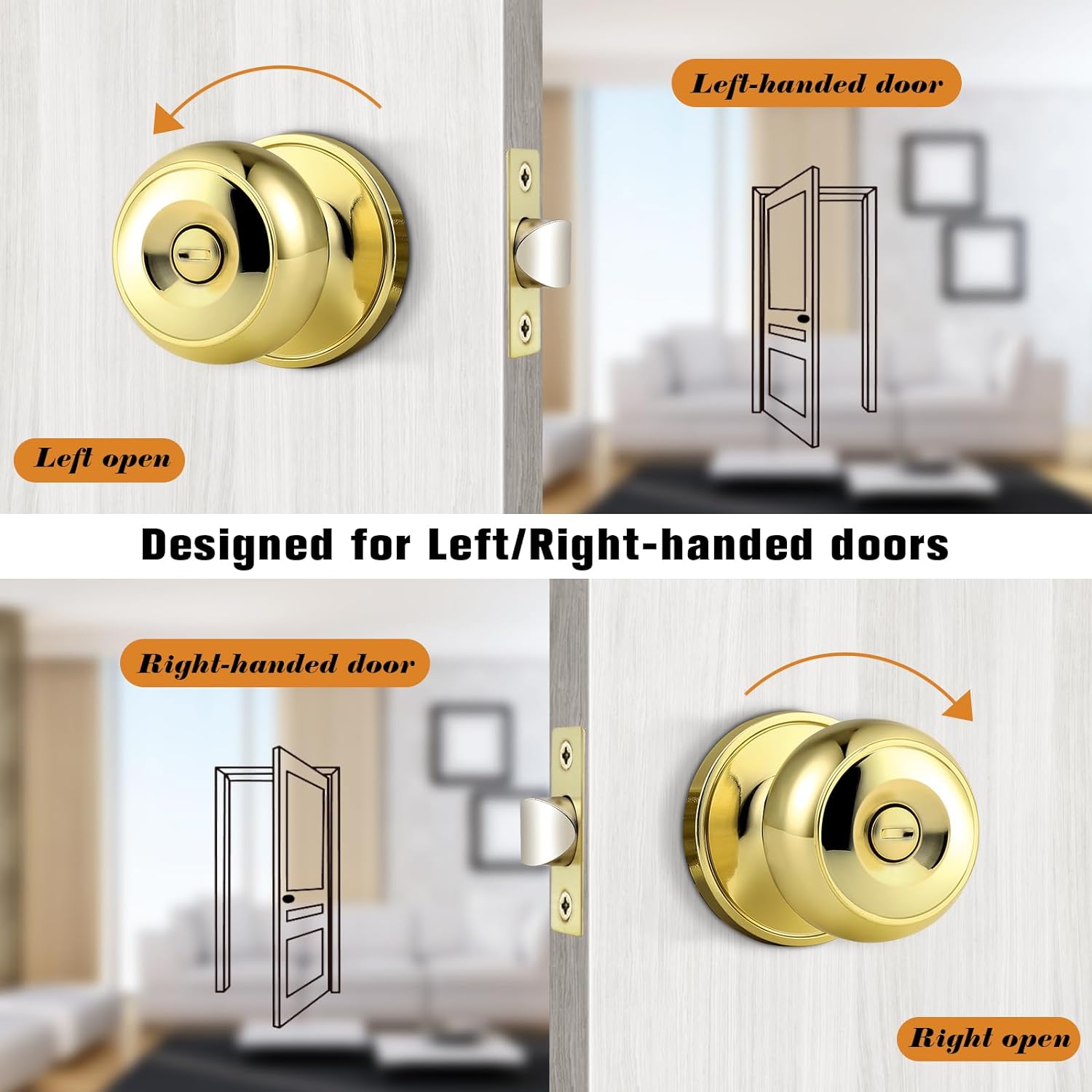Probrico Perillas de puerta interior para dormitorio y baño, cerradura de puerta de privacidad de latón pulido, perilla de puerta sin llave, perilla