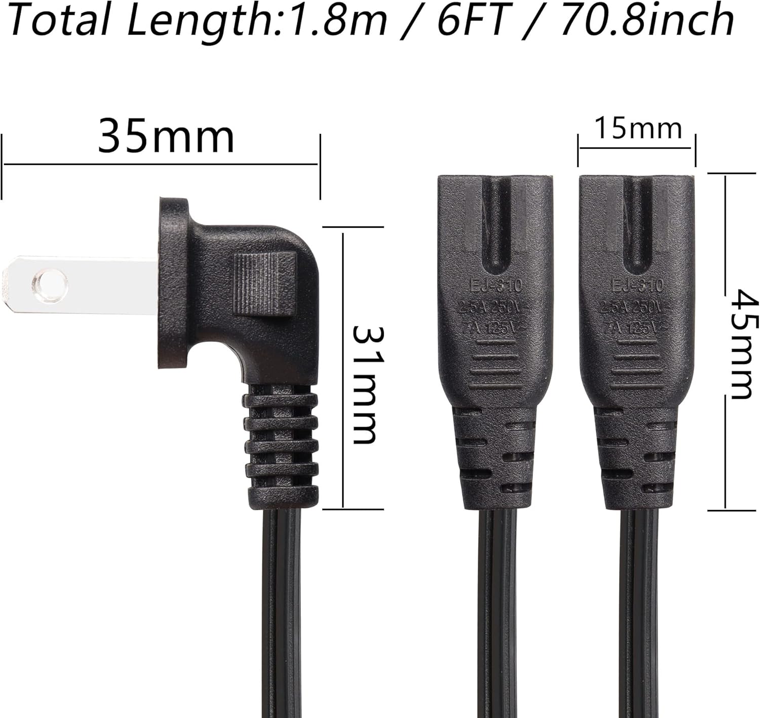 GINTOOYUN Cable de alimentación dividido en Y polarizado de 6 pies y 90 grados y 2 puntas, 2 ranuras a doble IEC320 C7 cable de pared de CA para