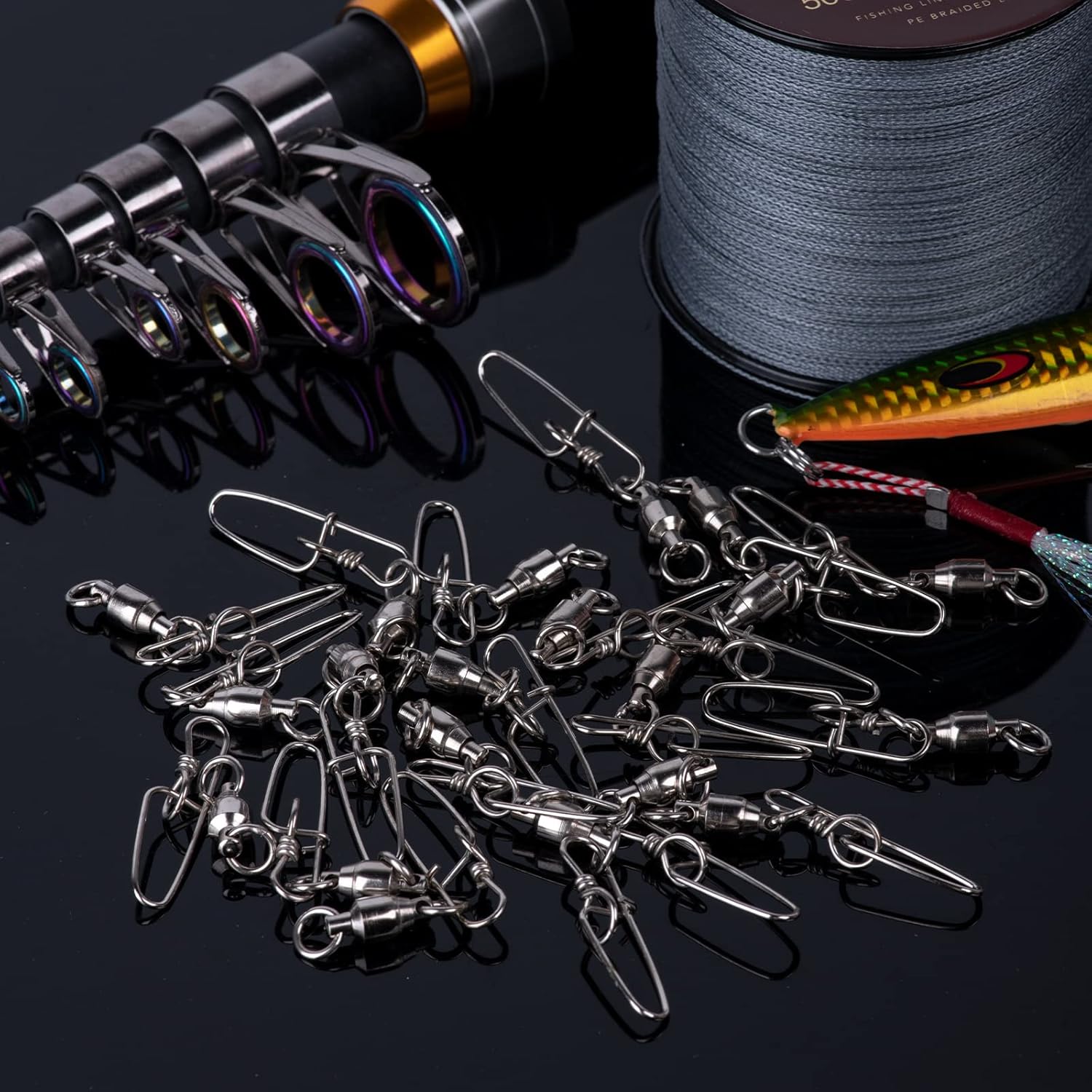 30 conectores giratorios de pesca en forma de T, giratorios luminosos con cuentas brillantes, barril de latón, triple aparejo de pesca para agua